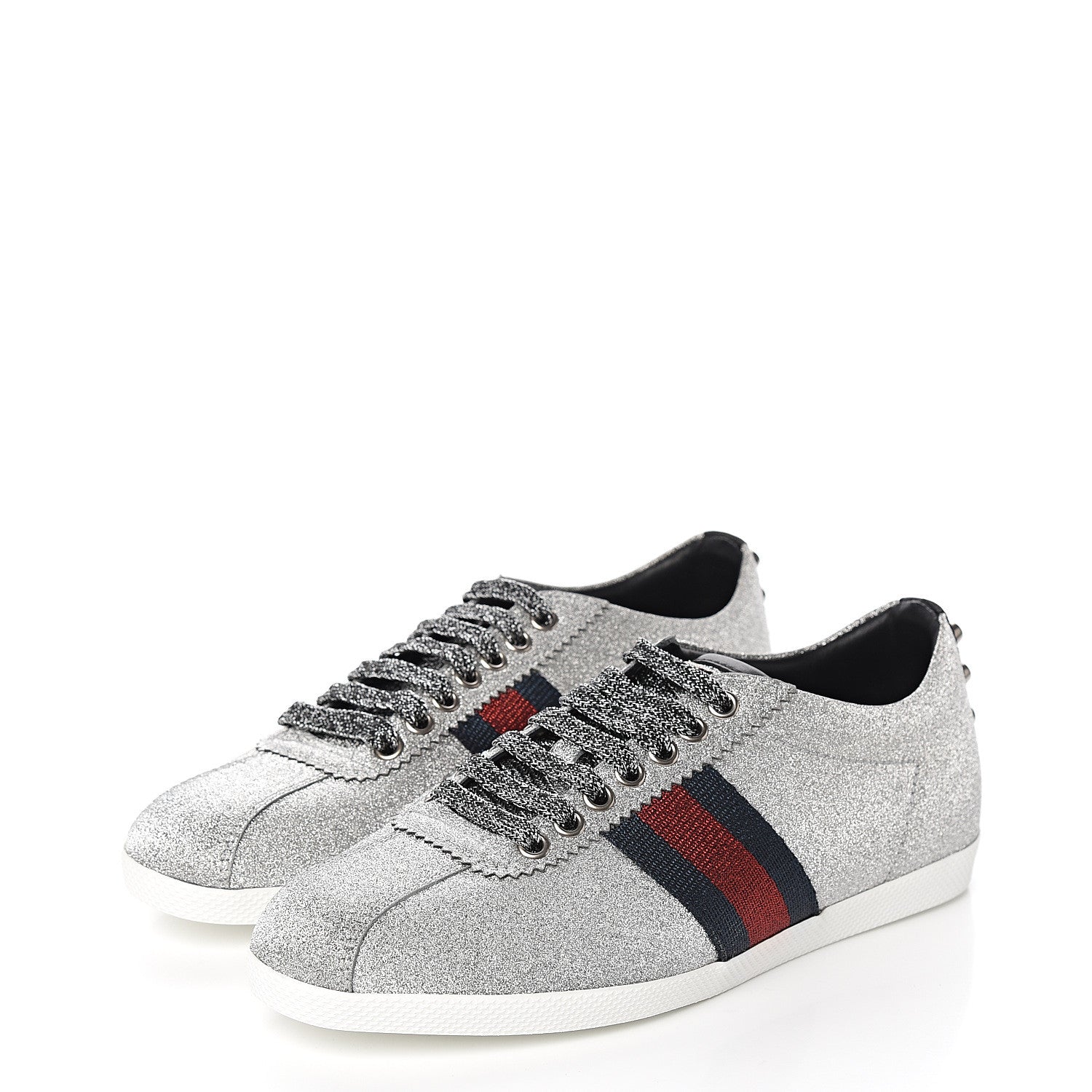 Gucci Glitter Fabric Studded Web Sneakers 37.5 Silver 3 of 10
