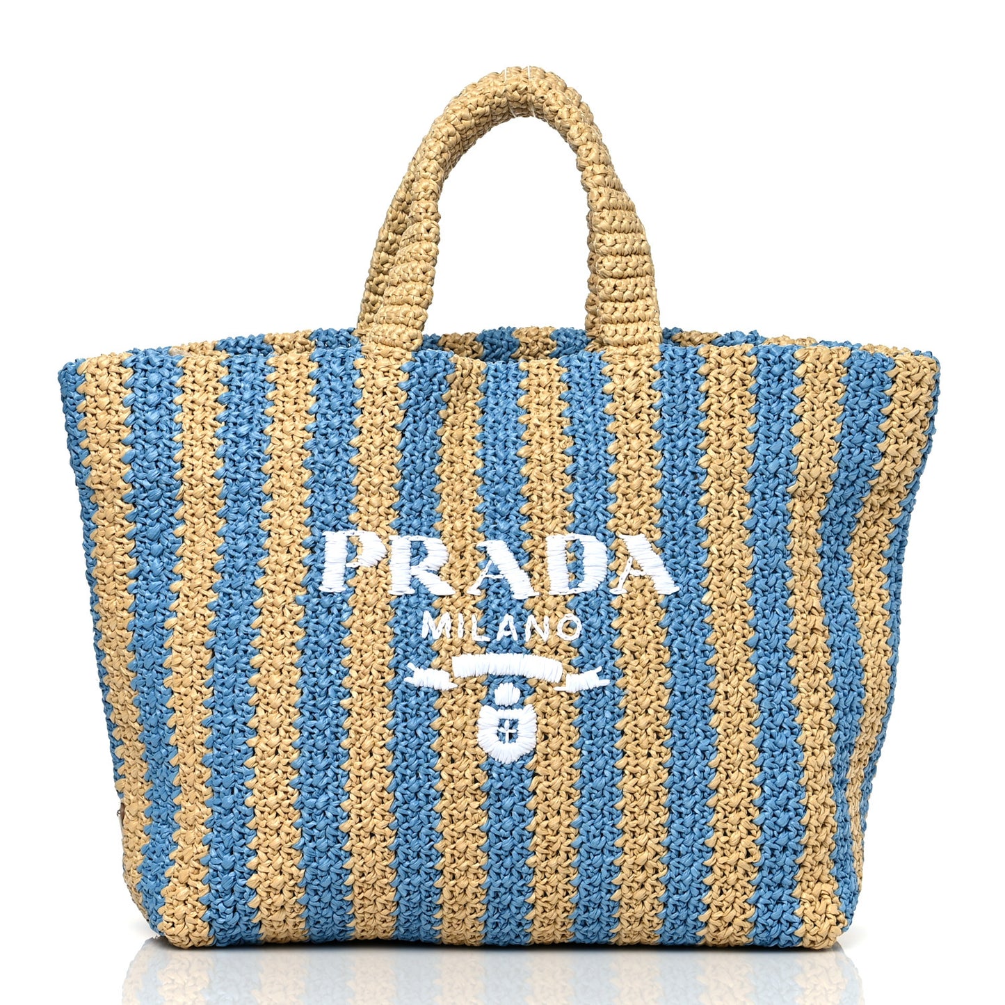 Yarn Raffia Effect Crochet Striped Large Logo Tote Naturale Celeste