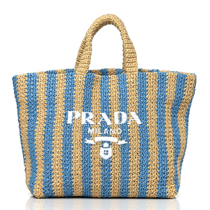 Prada Yarn Raffia Effect Crochet Striped Large Logo Tote Naturale Celeste 1 of 8