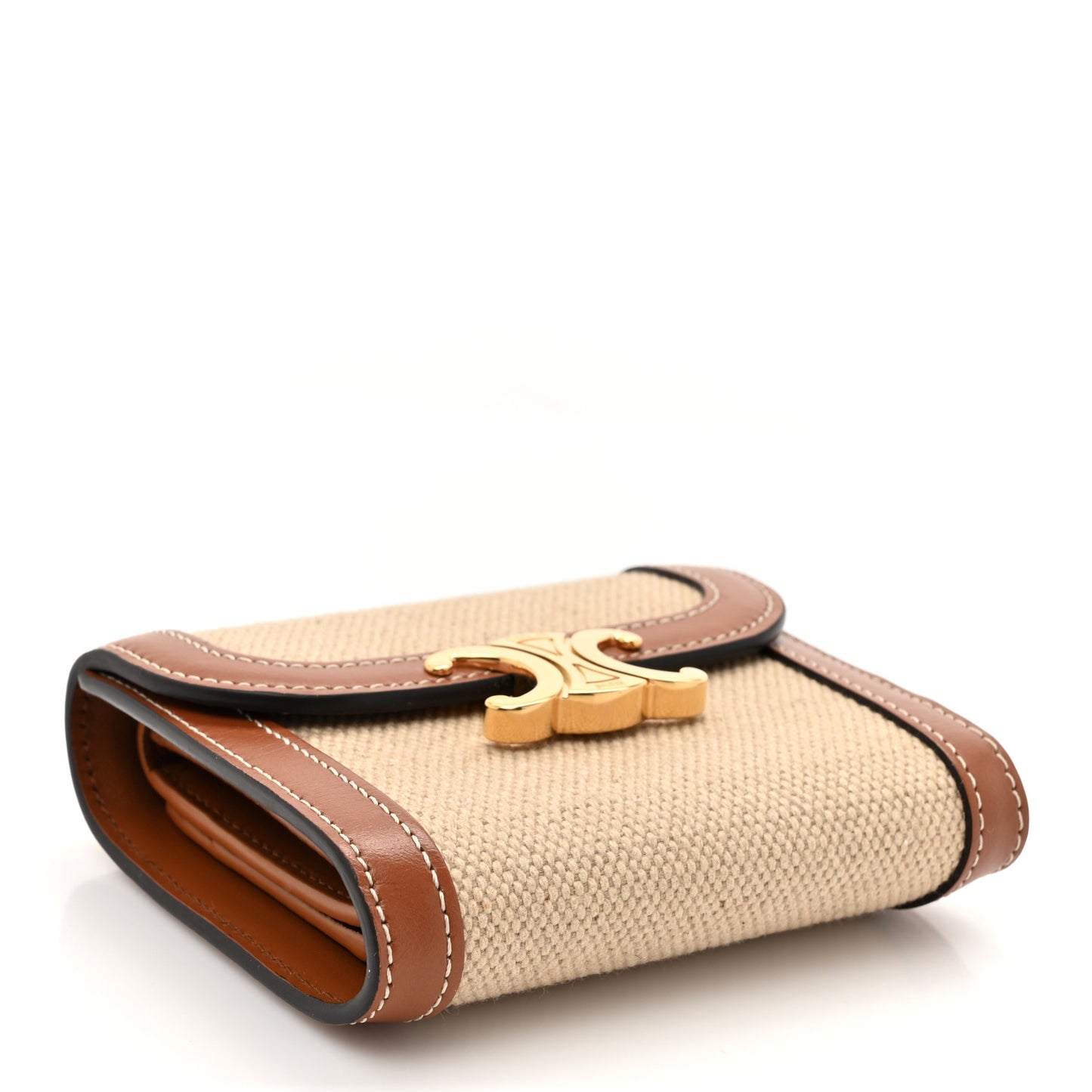 Shiny Calfskin Textile Triomphe Compact Wallet Natural Tan