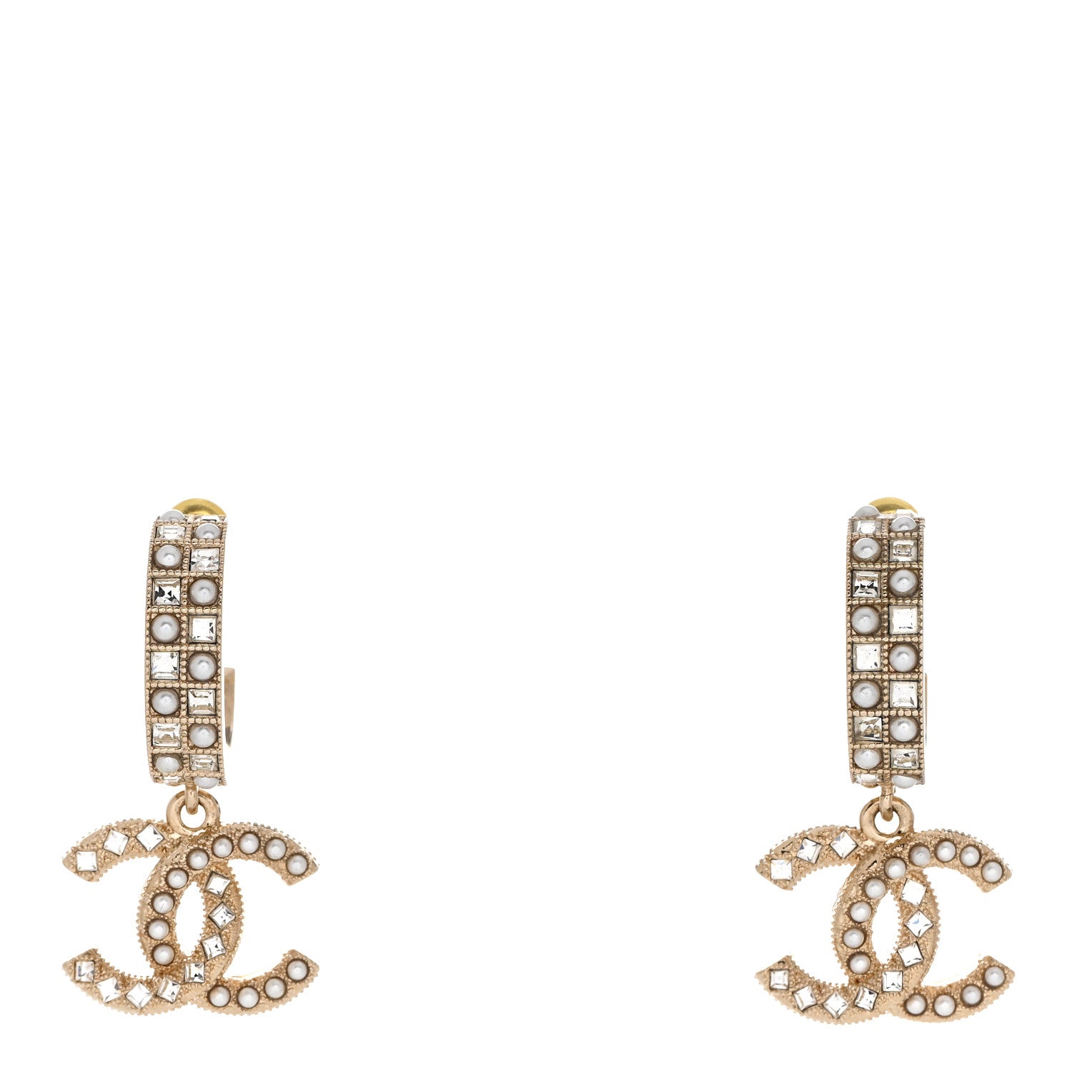 Chanel Crystal Pearl CC Hoop Drop Earrings Gold 1 of 5
