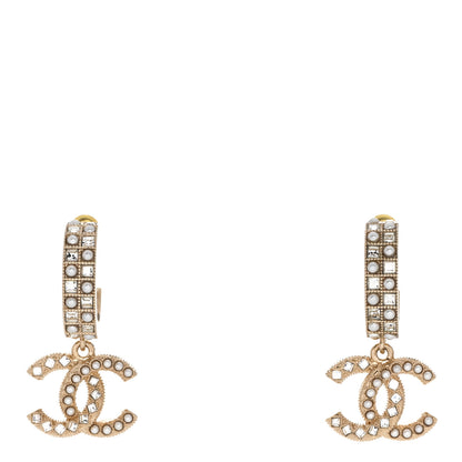 Chanel Crystal Pearl CC Hoop Drop Earrings Gold 1 of 5