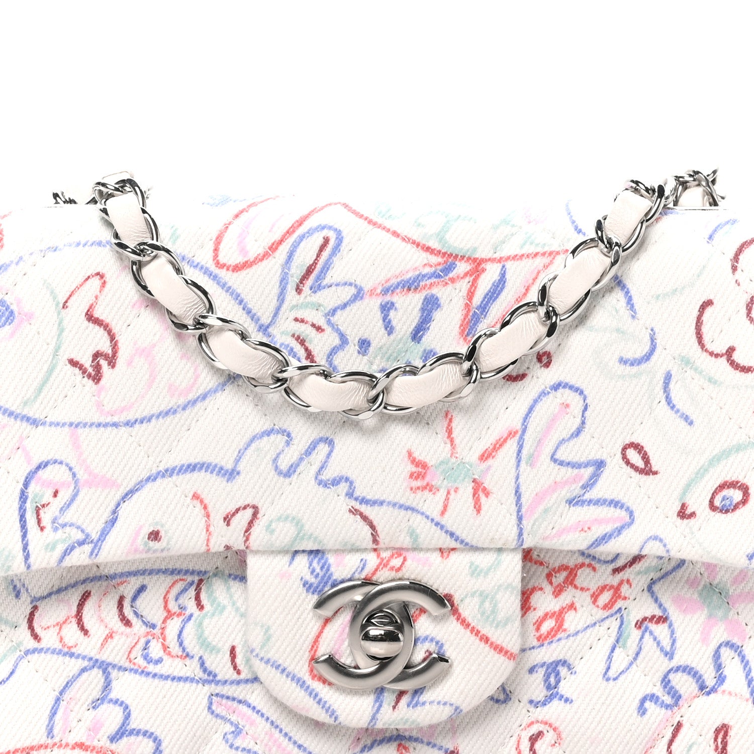 Chanel Denim Printed Fish Quilted Mini Rectangular Flap White Multicolor 8 of 10