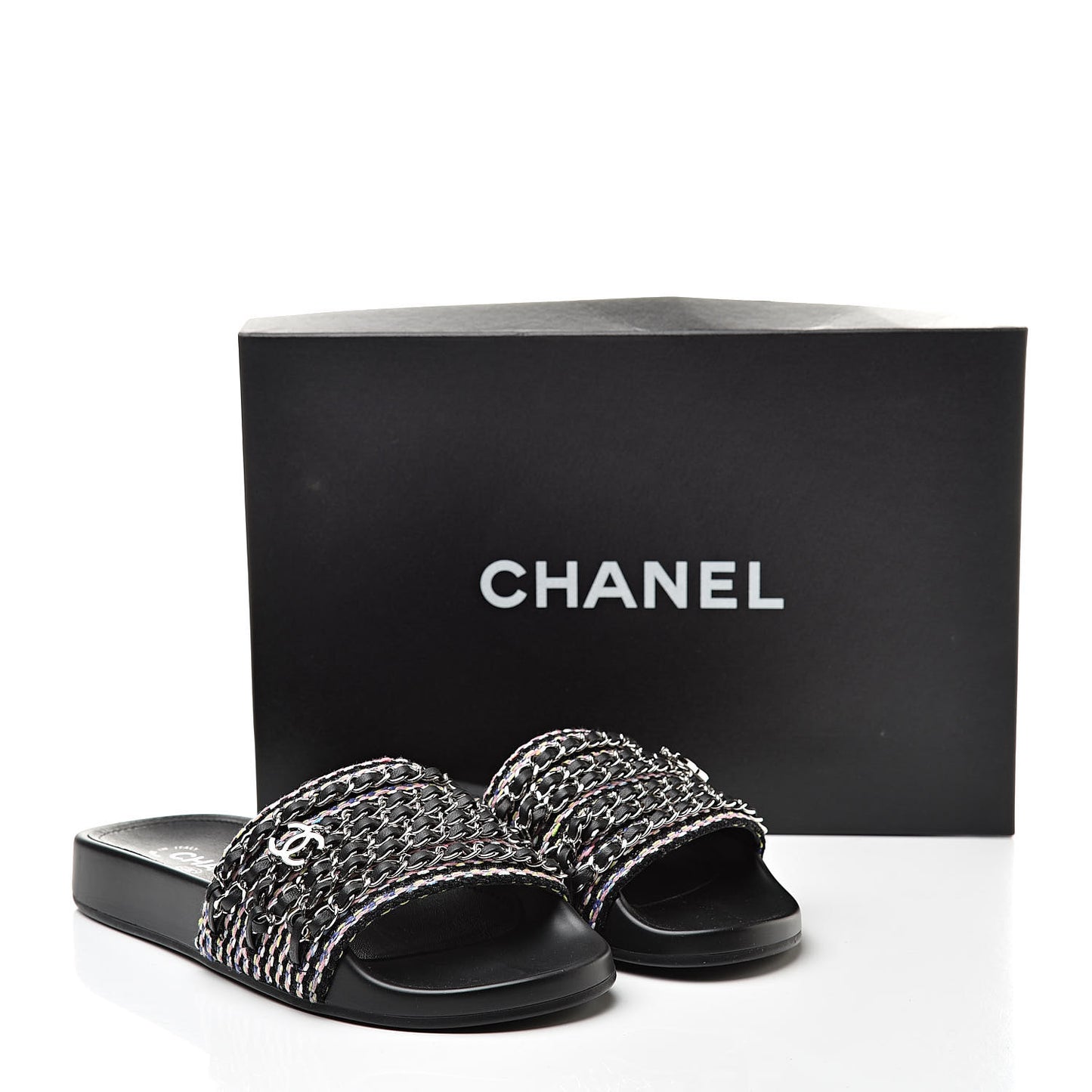 Tweed Lambskin Chain Flat Sandals 37 Black Multicolor