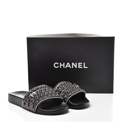 Chanel Tweed Lambskin Chain Flat Sandals 37 Black Multicolor 9 of 9