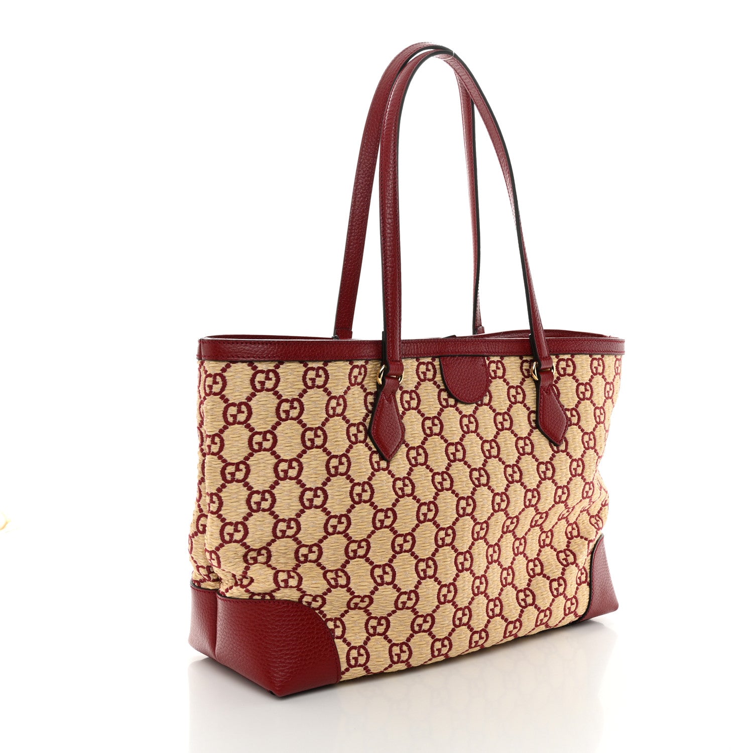 Gucci Straw Jacquard Dollar Calfskin GG Monogram Medium Ophidia Shopping Tote Natural New Cherry Red 2 of 10