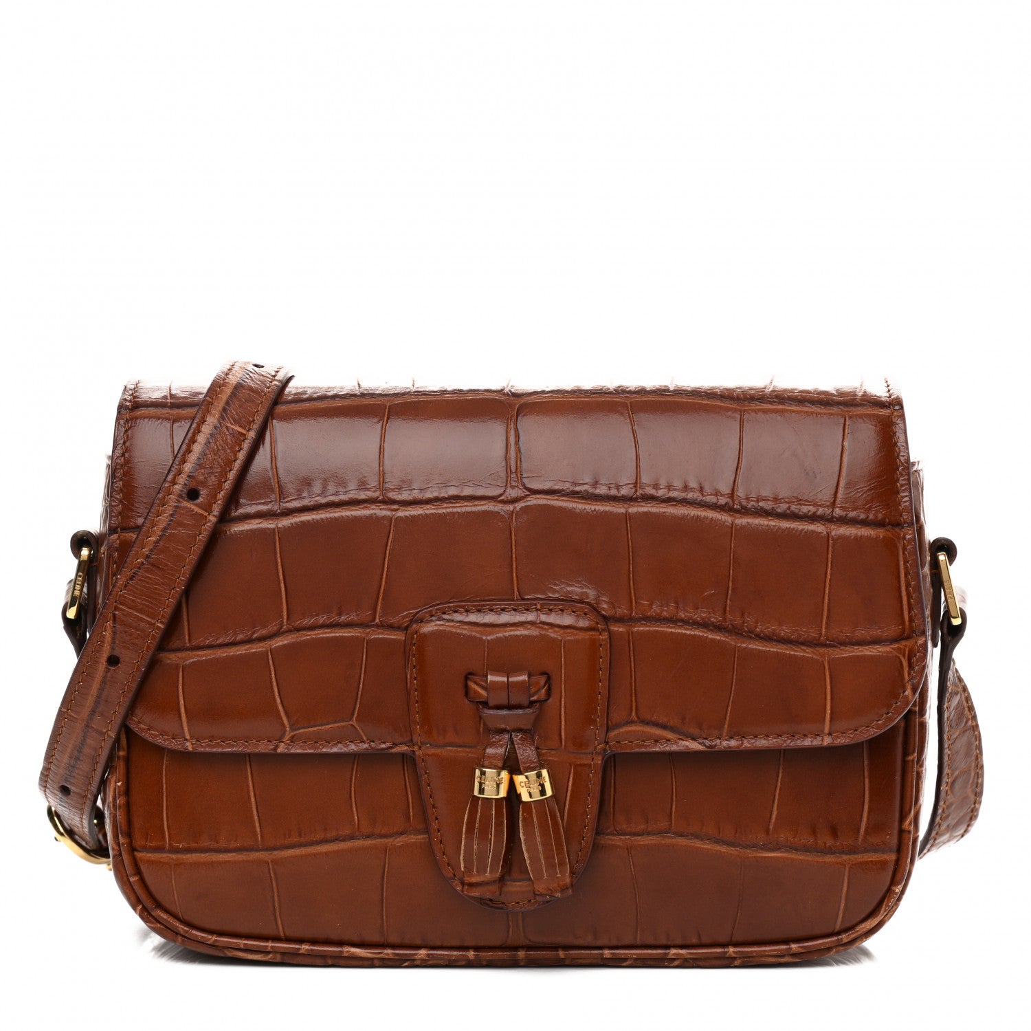 Celine Calfskin Crocodile Embossed Medium Tassel Bag Tan 1 of 13