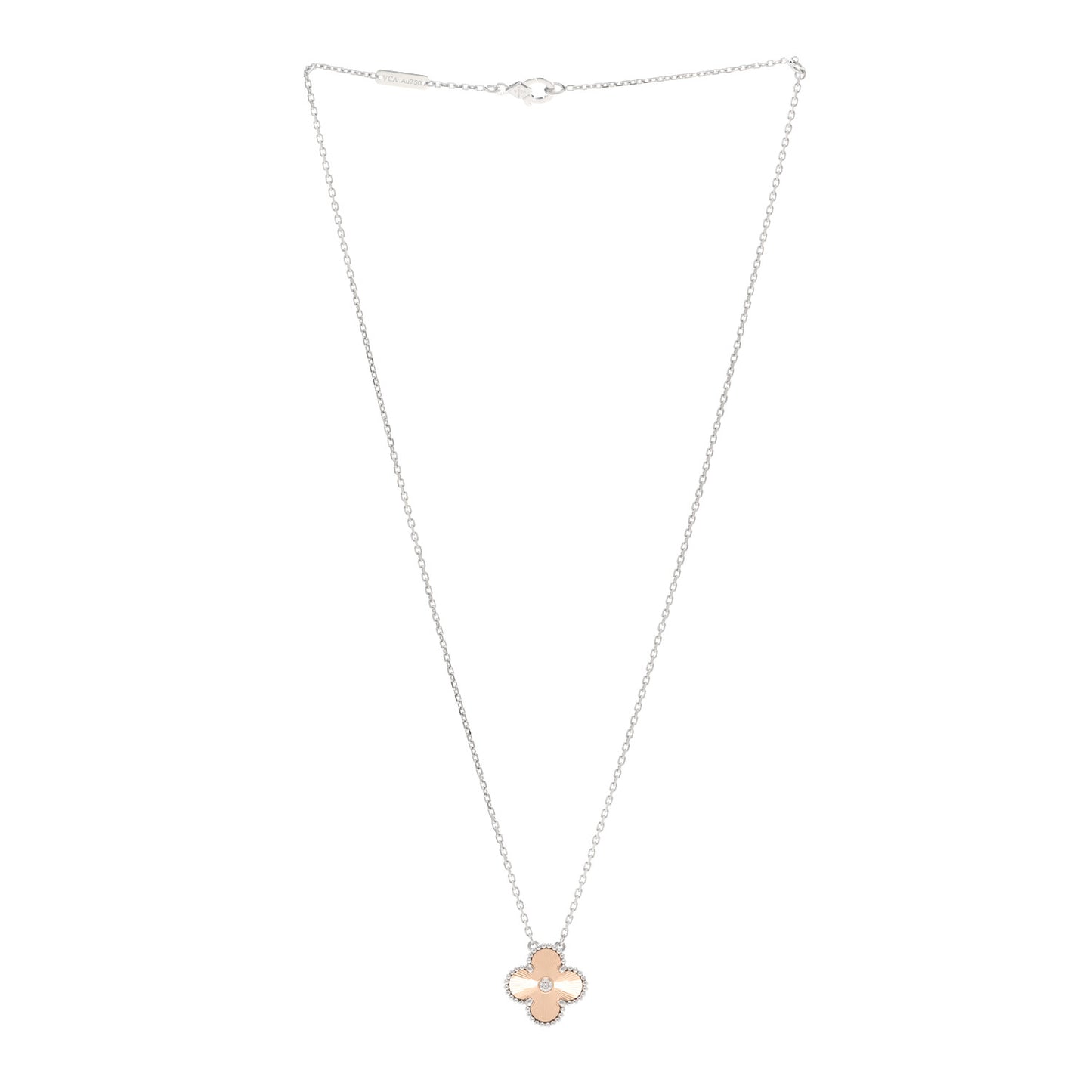 18K White Rose Gold Diamond Guilloche Vintage Alhambra Pendant Necklace