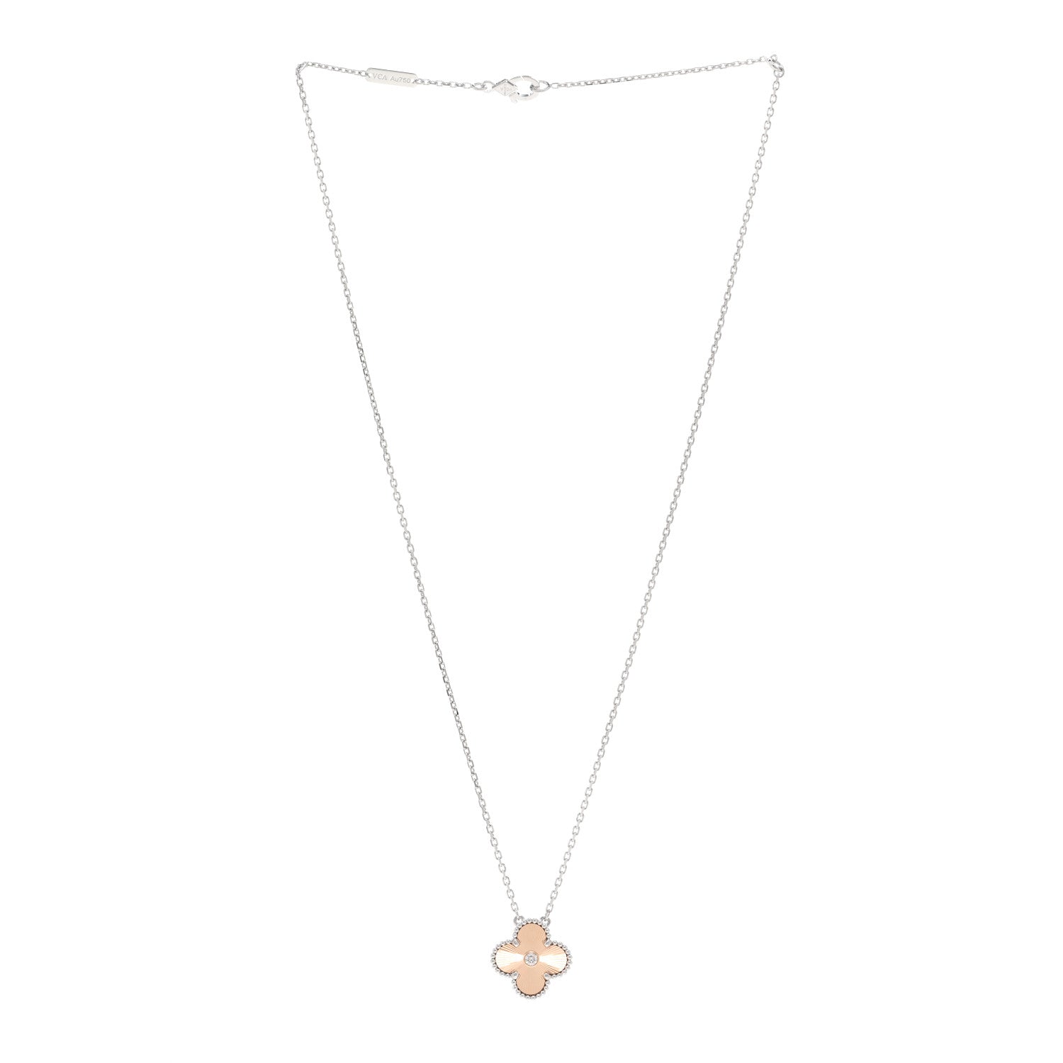 Van Cleef & Arpels 18K White Rose Gold Diamond Guilloche Vintage Alhambra Pendant Necklace 3 of 5