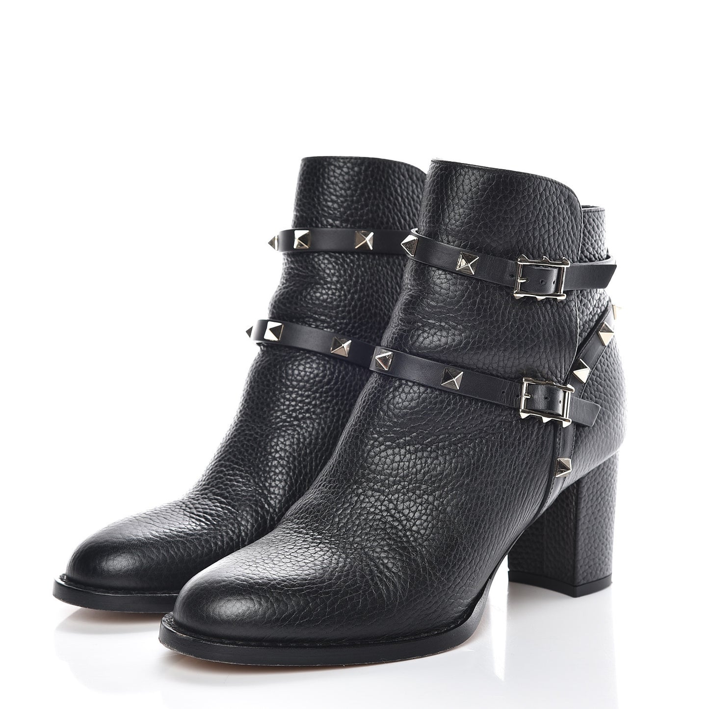 Pebbled Calfskin Rockstud Double Buckle 70mm Block Heel Ankle Boots 36.5 Black