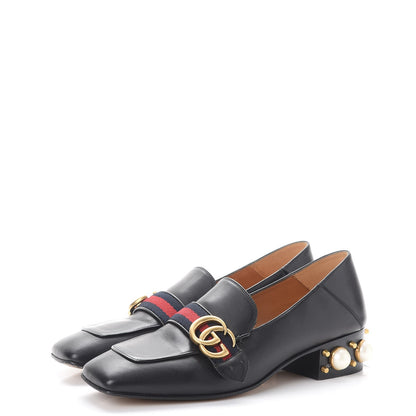 Gucci Calfskin Web Pearl Embellished Peyton Loafers 38.5 Black 3 of 16