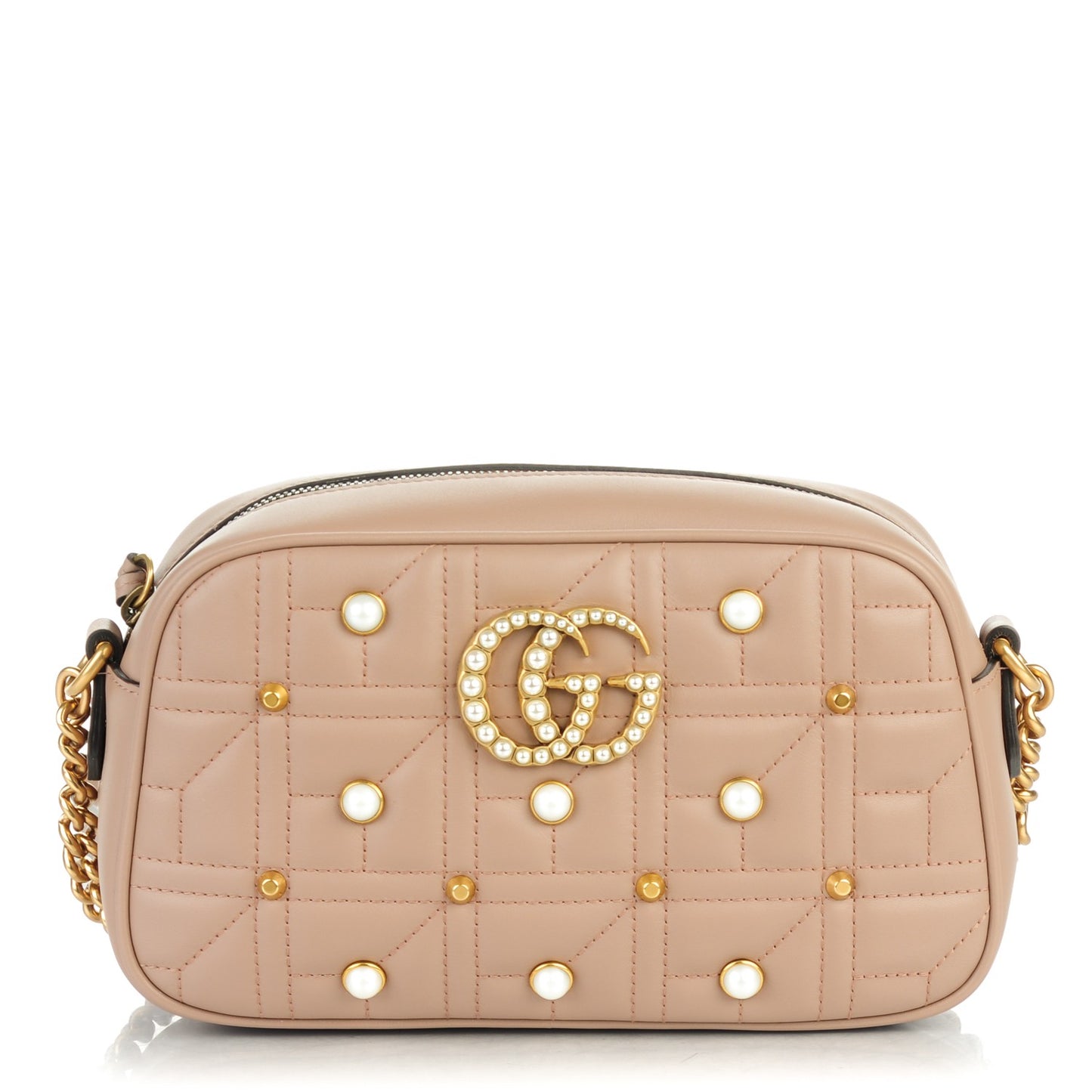 Calfskin Matelasse Studded Small Pearly GG Marmont Chain Shoulder Bag Porcelain Rose