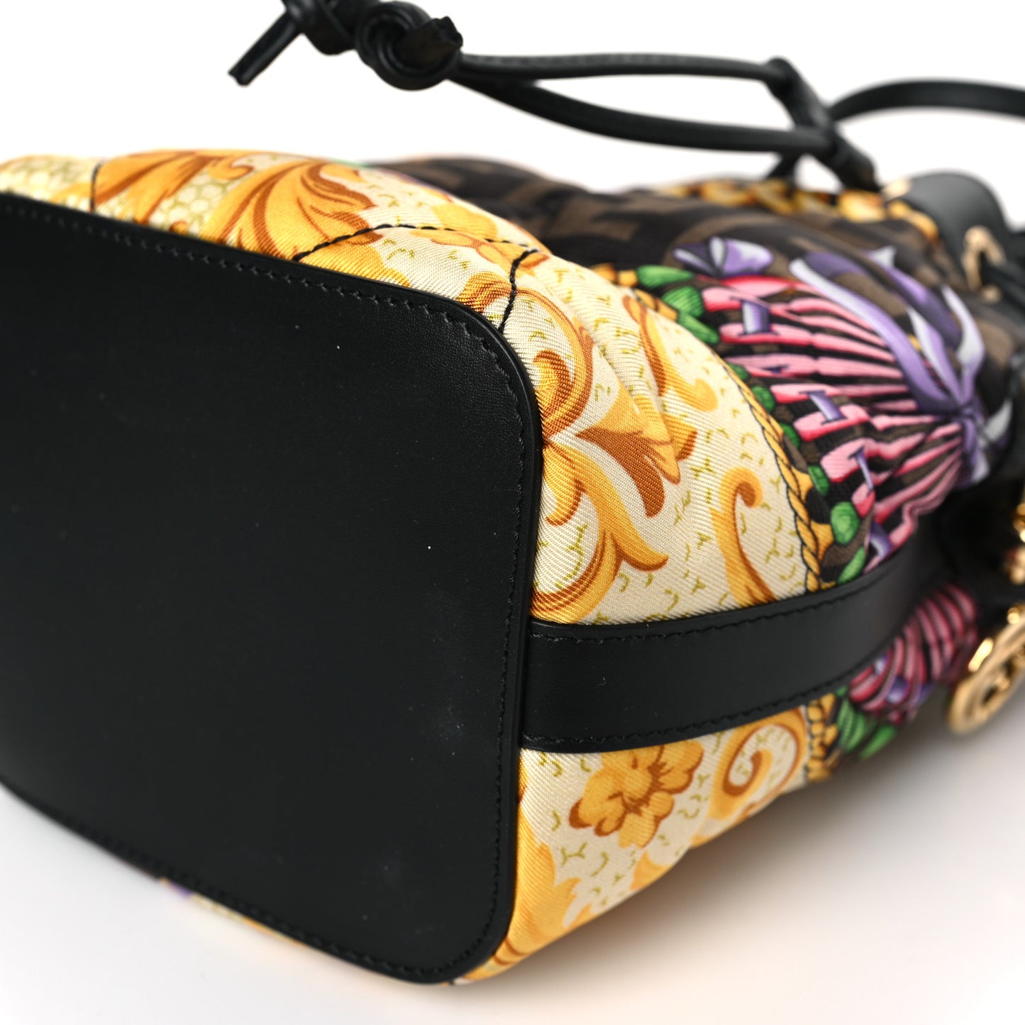 X VERSACE Silk Vitello Fendace FF Baroque Quilted Mini Mon Tresor Bucket Bag Gold Multicolor