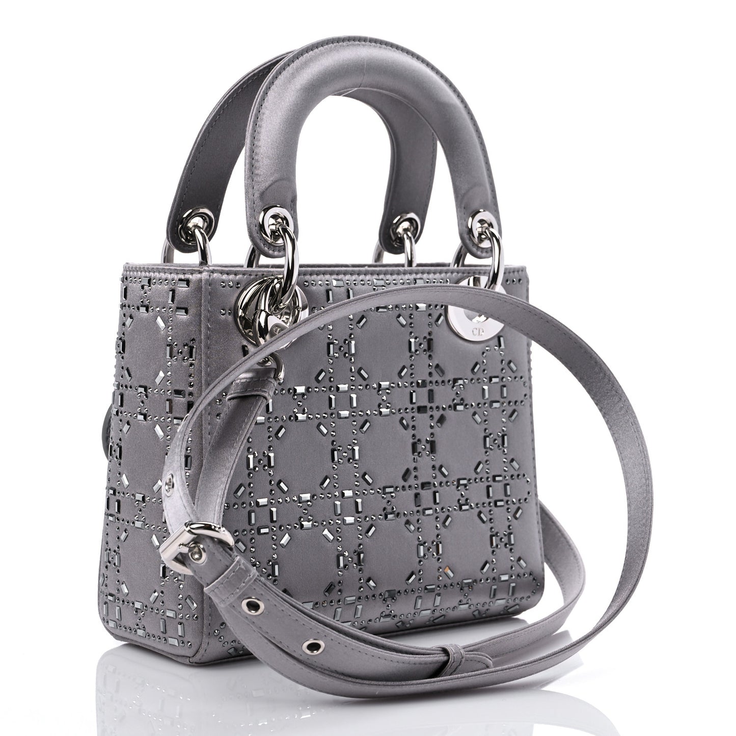 Satin Crystal Cannage Mini Lady Dior Gray