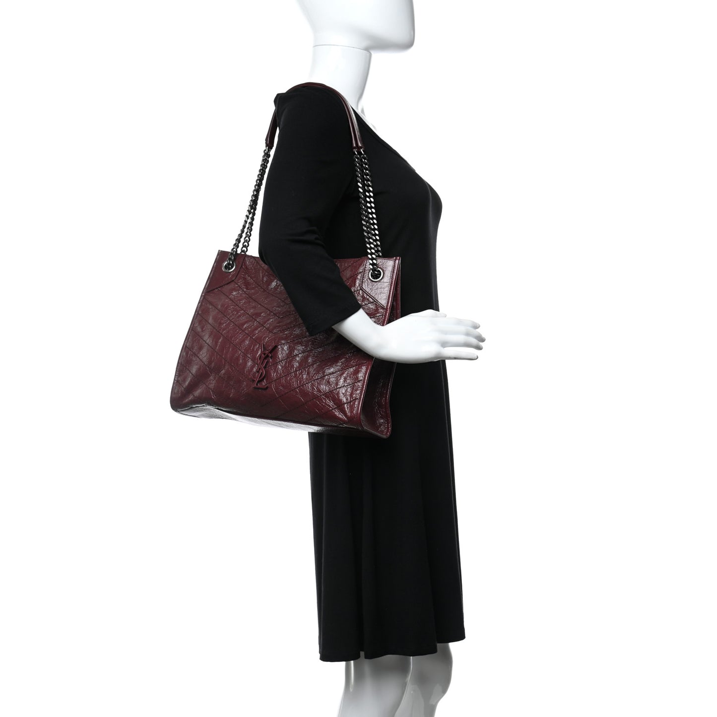 Crinkled Calfskin Matelasse Monogram Medium Niki Shopper Tote Burgundy