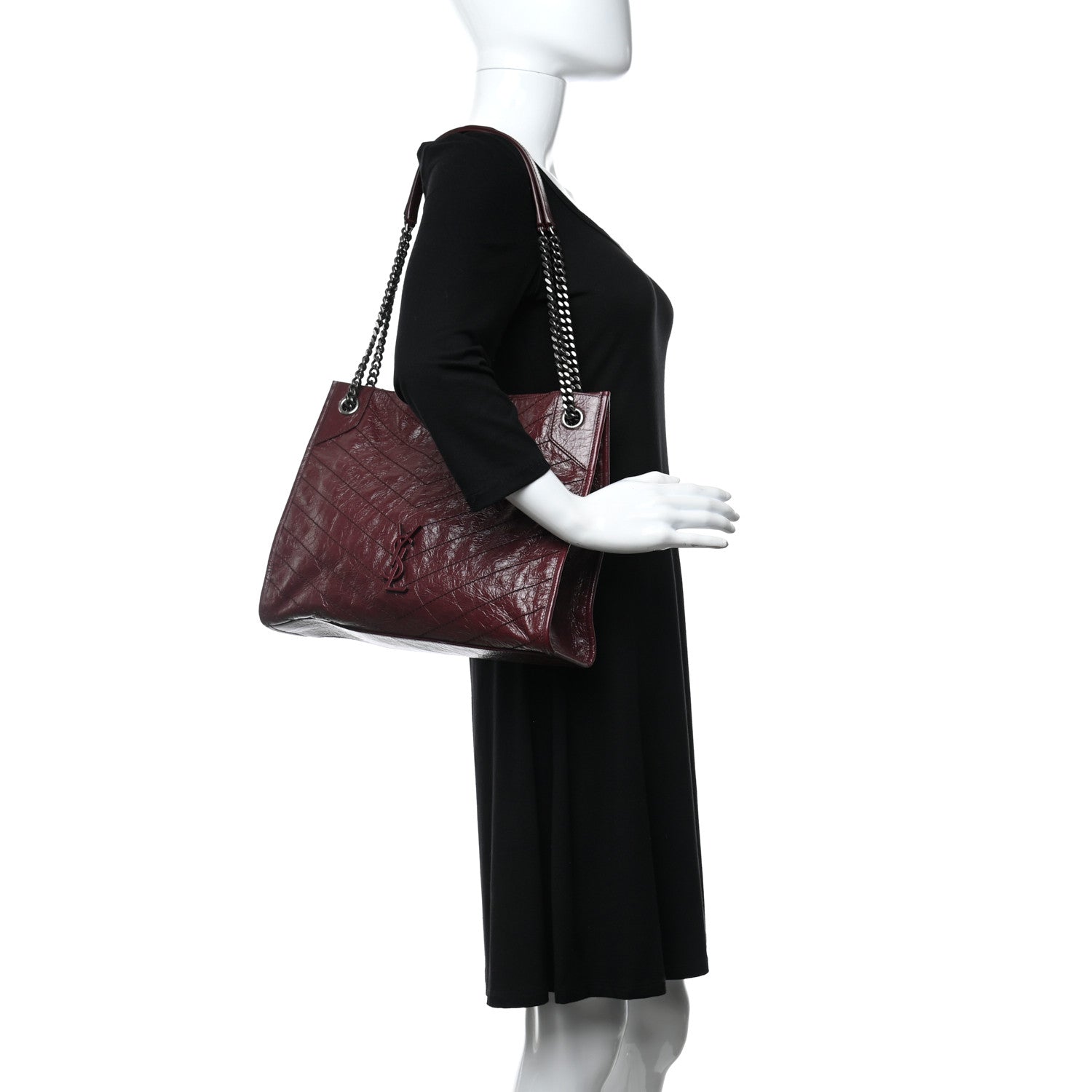 Saint Laurent Crinkled Calfskin Matelasse Monogram Medium Niki Shopper Tote Burgundy 3 of 8