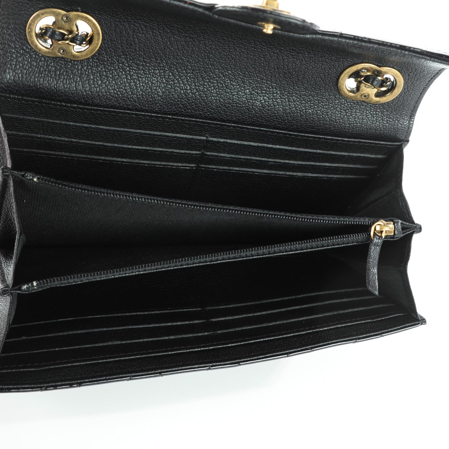 Patent Goatskin Quilted CC Eyelet Wallet On Chain Black