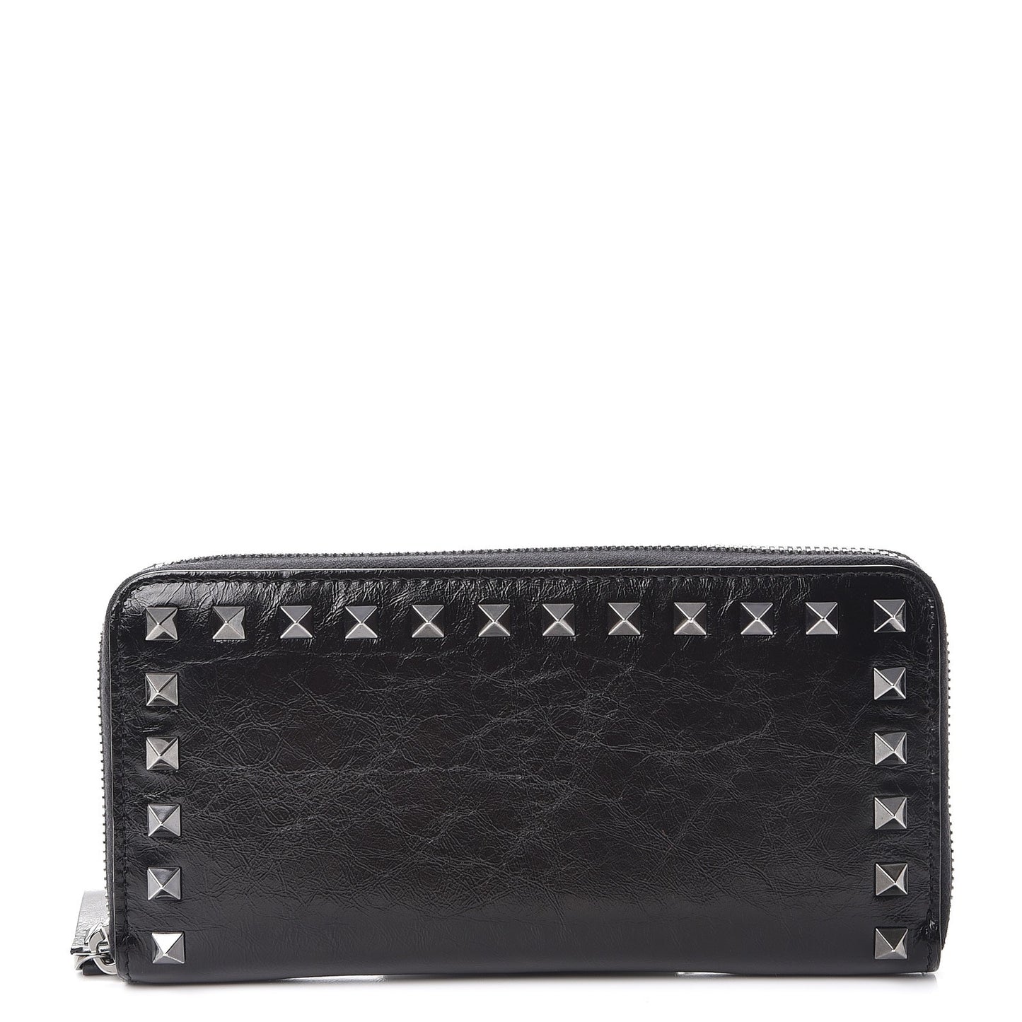 Craquele Calfskin Rockstud Zip Around Wallet Black