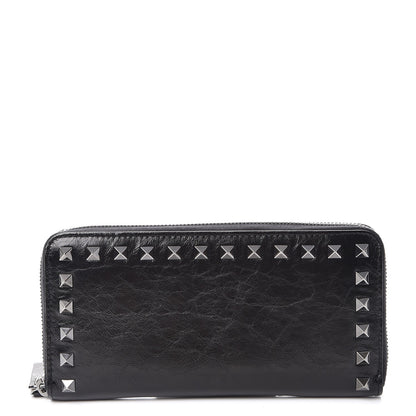 Valentino Garavani Craquele Calfskin Rockstud Zip Around Wallet Black 1 of 9