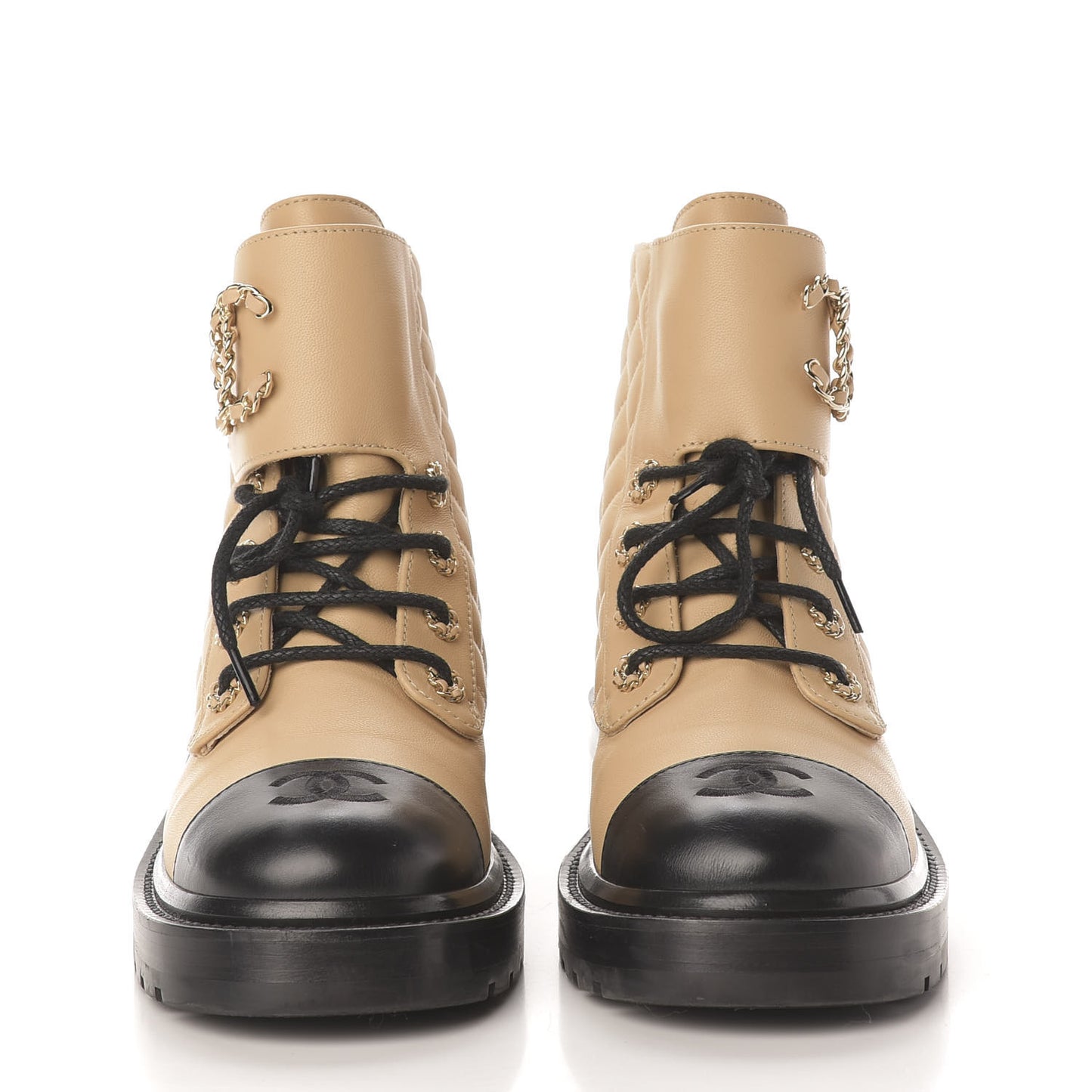 Lambskin Calfskin Quilted Lace Up Combat Boots 38.5 Beige Black