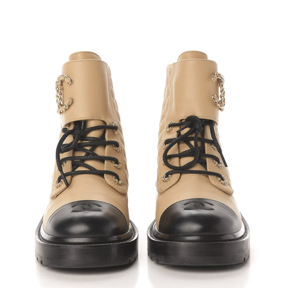 Chanel Lambskin Calfskin Quilted Lace Up Combat Boots 38.5 Beige Black 2 of 9