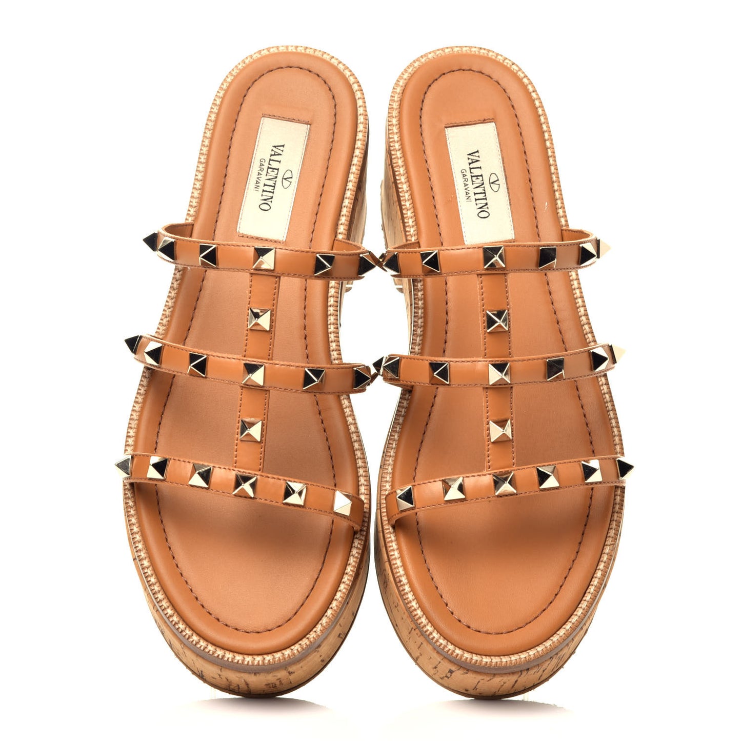 Calfskin Cork Rockstud Caged 30/50mm Platform Sandals 37.5 Tan