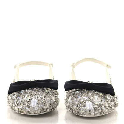 Chanel Satin Crystal Lambskin Grossgrain Bow CC Slingback Flats 38 White Black 3 of 10