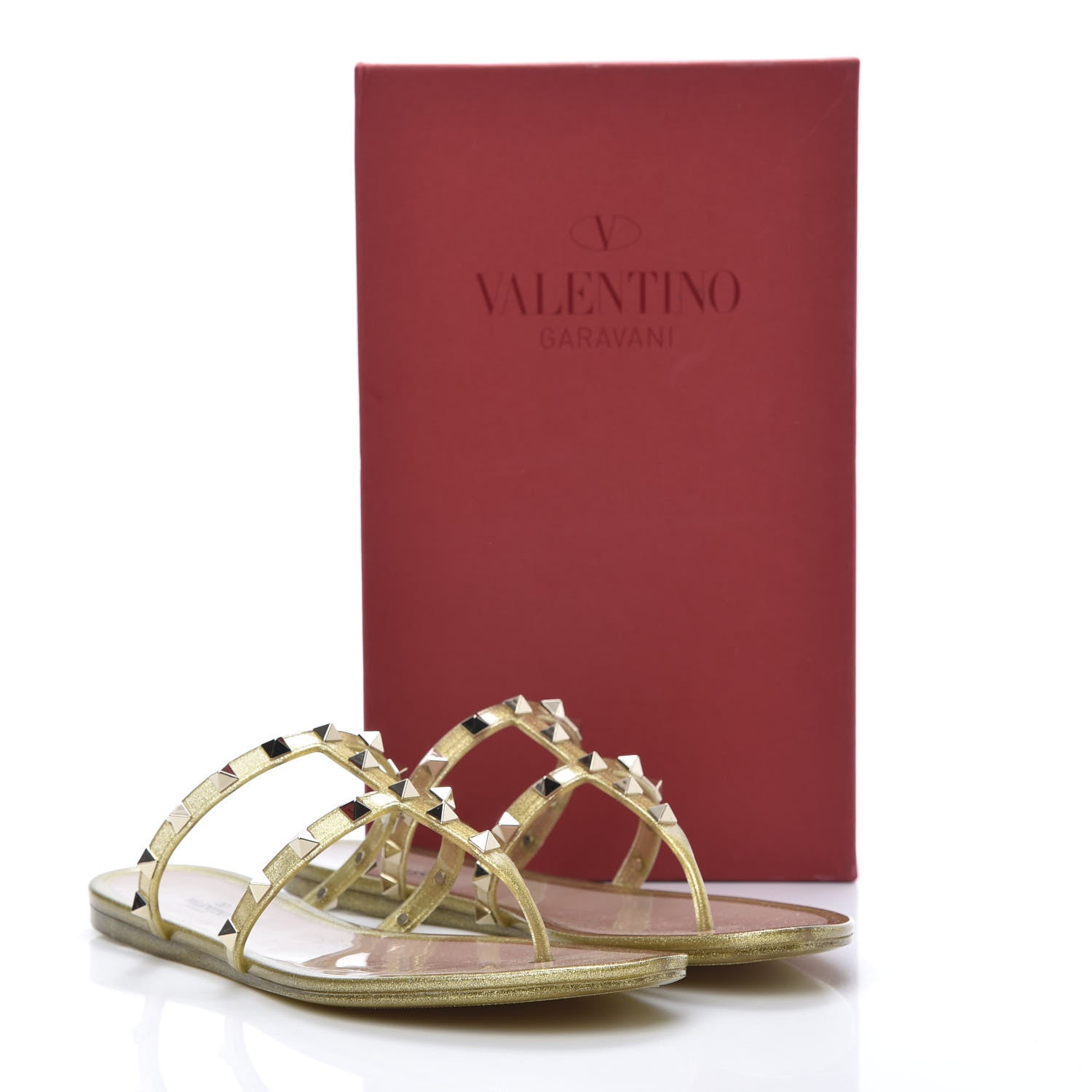 Valentino Garavani PVC Jelly Glitter Rockstud Caged Flat Thong Sandals 40 Oro 8 of 8