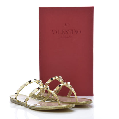 Valentino Garavani PVC Jelly Glitter Rockstud Caged Flat Thong Sandals 40 Oro 8 of 8