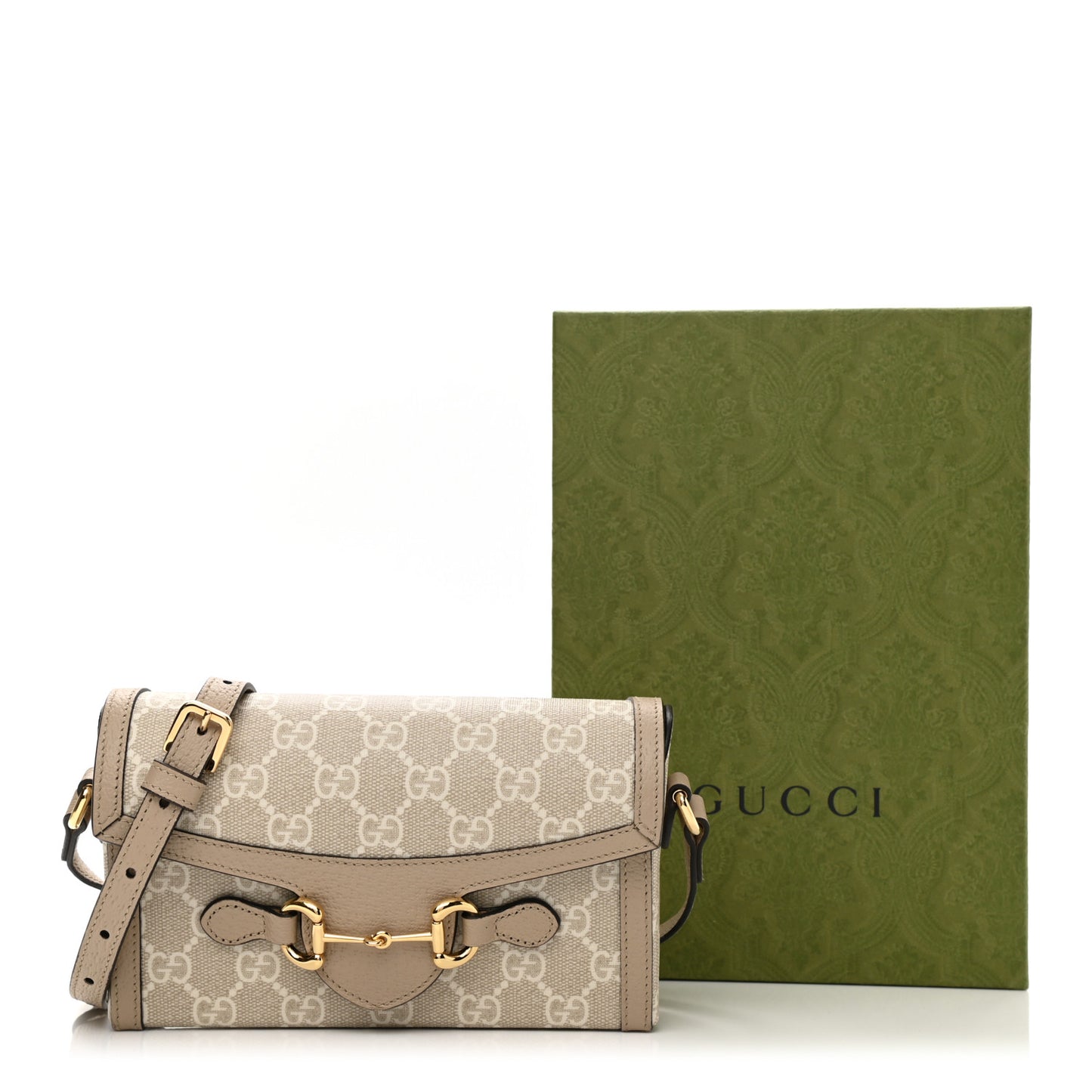 GG Supreme Monogram Textured Dollar Calfskin Mini Horsebit 1955 Shoulder Bag Beige Mystic White Oatmeal