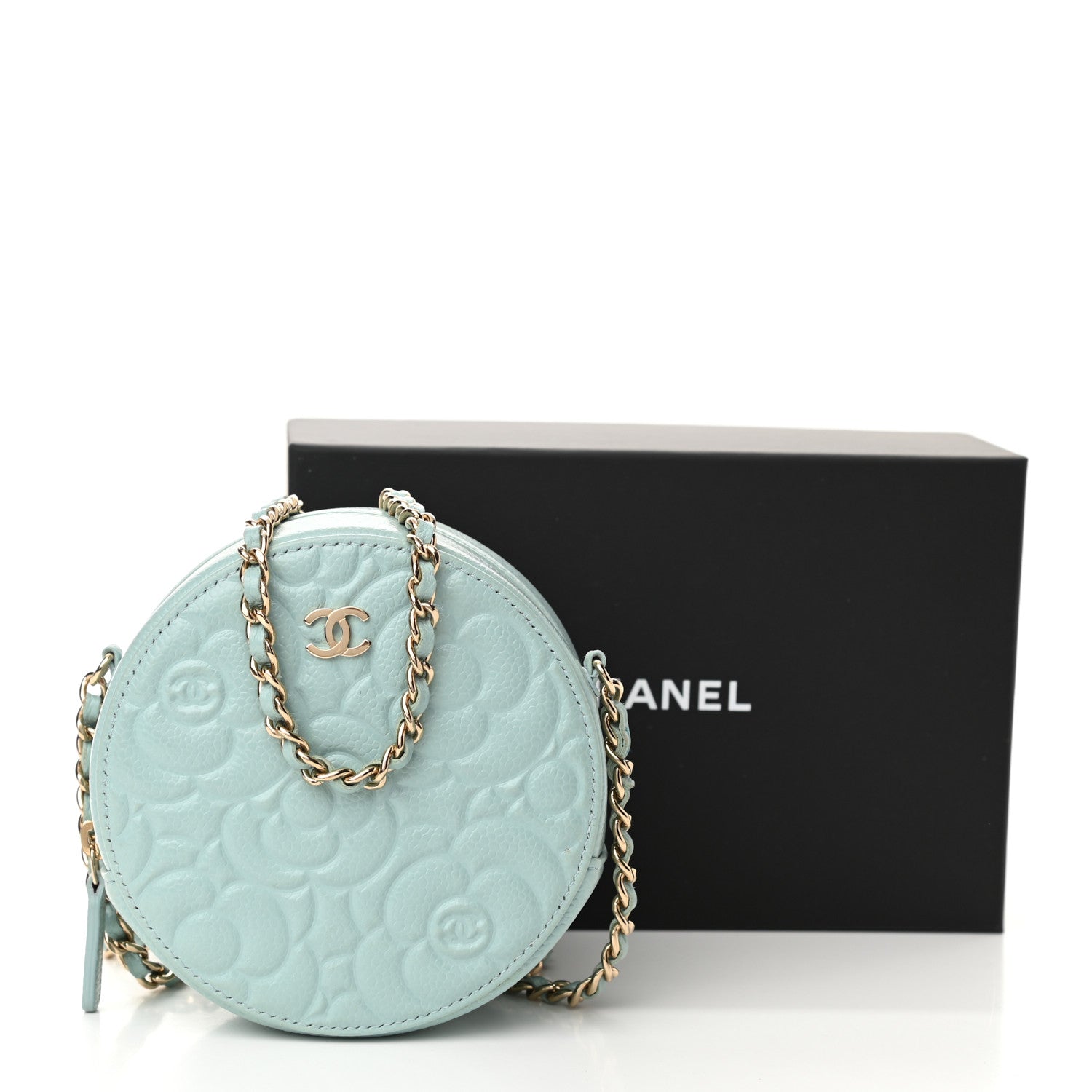 Chanel Caviar Camellia Embossed Round Clutch With Chain Light Blue 11 of 11