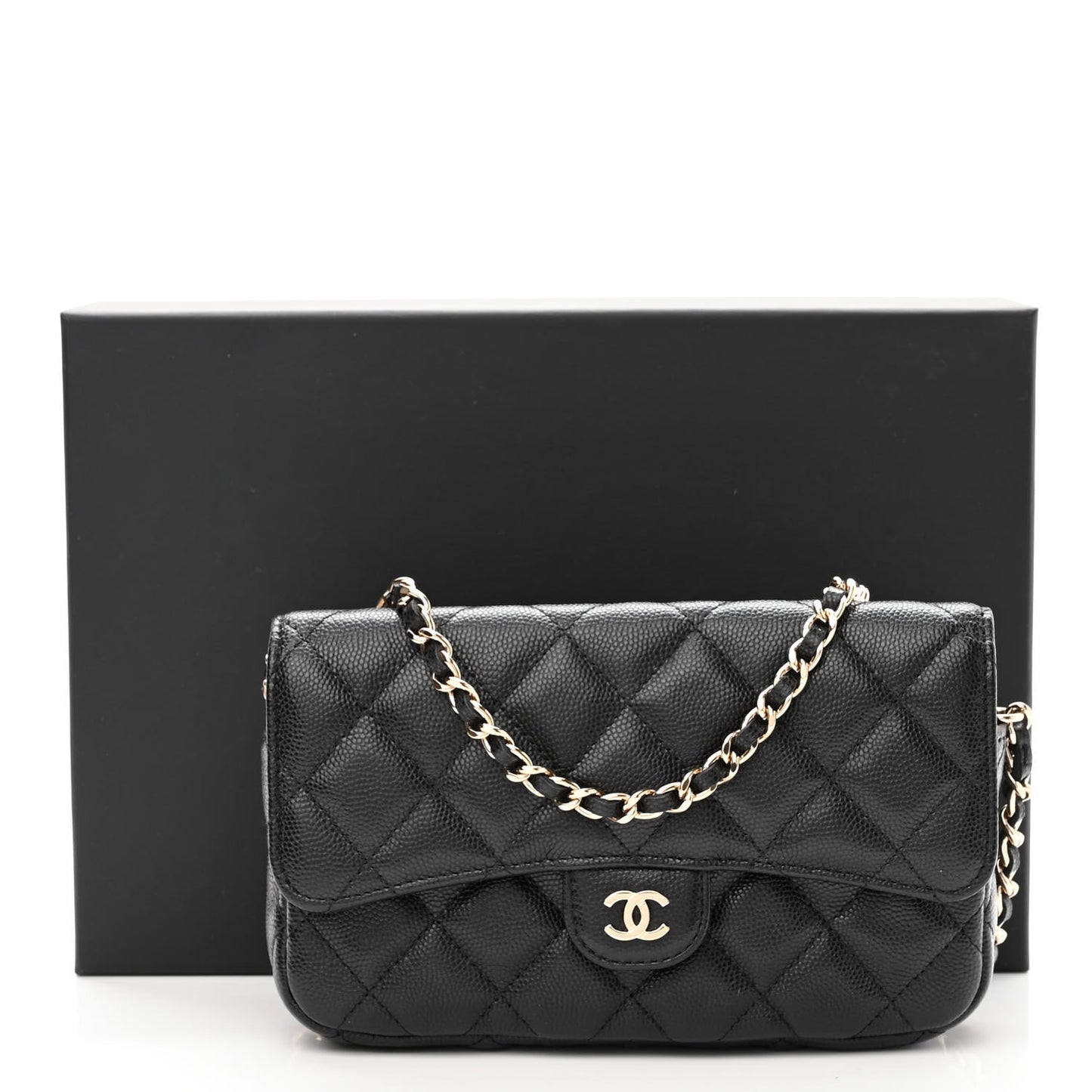 Caviar Quilted Flap Phone Holder With Chain Black