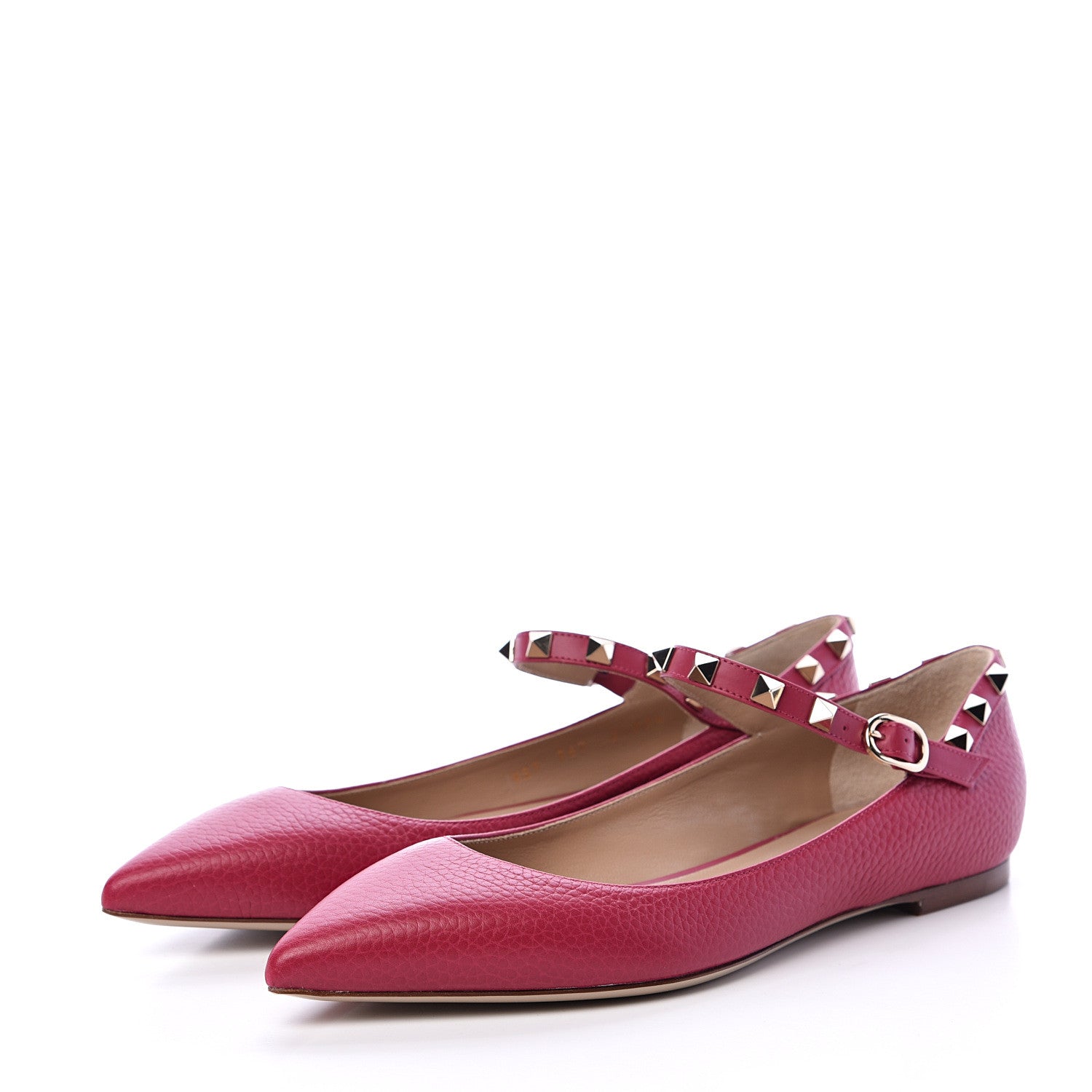 Valentino Garavani Pebbled Calfskin Rockstud Ankle Strap Ballerina Flats 37.5 Raspberry 3 of 8