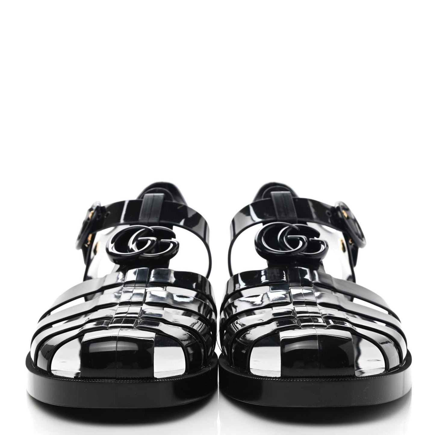 Shiny Rubber Double G Buckle Strap Sandals 40 Black