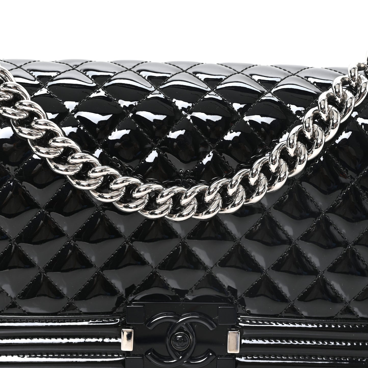 Patent Calfskin Quilted Medium Plexiglass Boy Flap Black