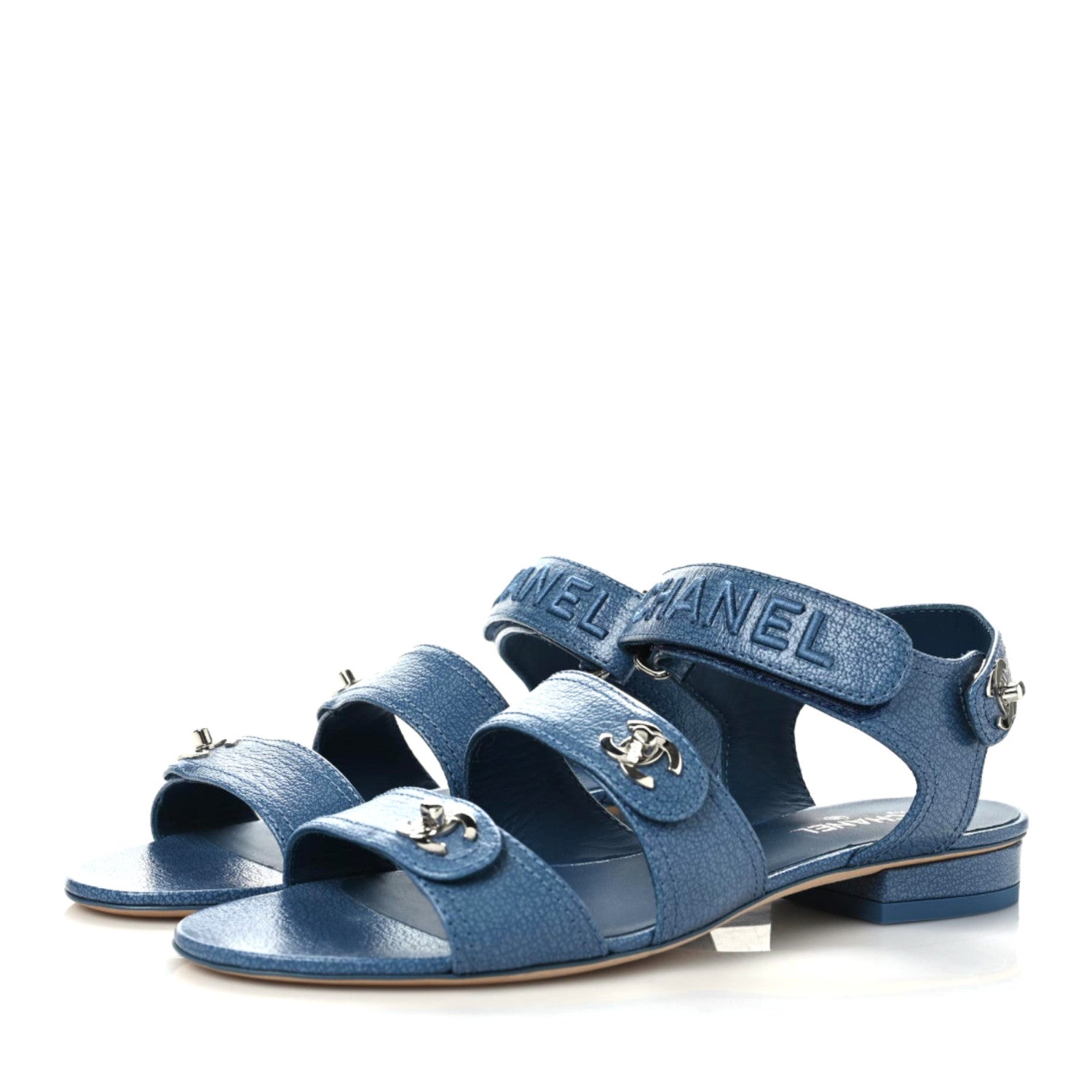 Chanel Iridescent Calfskin Logo CC Turnlock Sandals 37.5 Blue 3 of 10