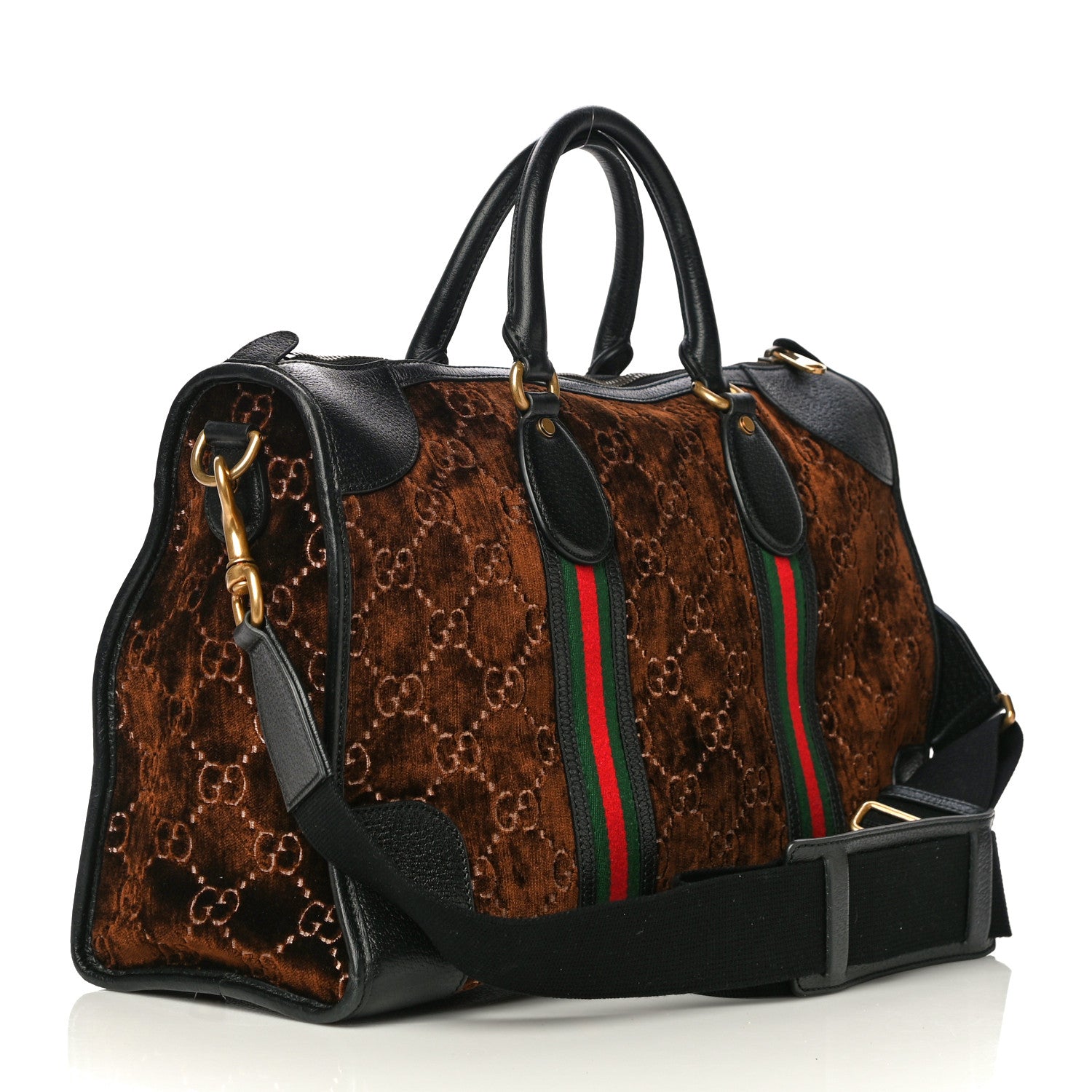 Gucci Velvet GG Monogram Textured Calfskin Web Medium Duffle Bag Brown Black 4 of 19