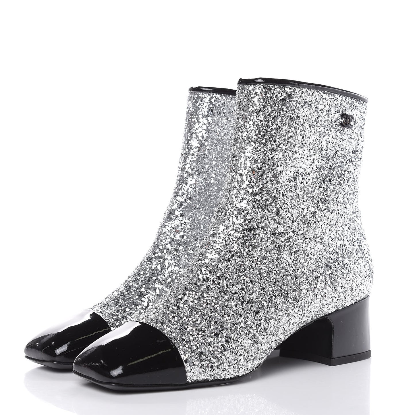 Glitter Patent Cap Toe Short Boots 38 Silver