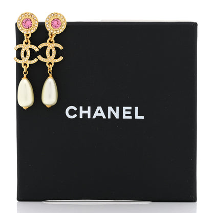 Chanel Metal Crystal Pearl CC Drop Earrings Gold Pink White 5 of 5