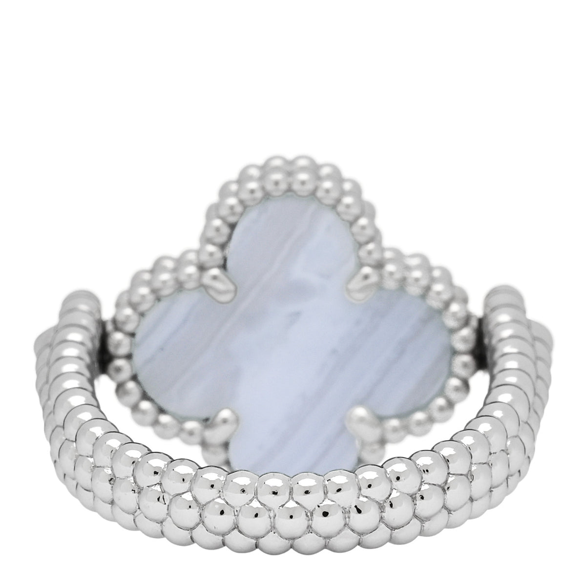 Van Cleef & Arpels 18K White Gold Diamond Chalcedony Reversible Guilloche Vintage Alhambra Ring 54 7 5 of 7