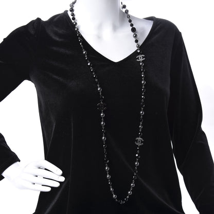 Chanel Pearl Beaded CC Long Necklace Silver Black 2 of 7