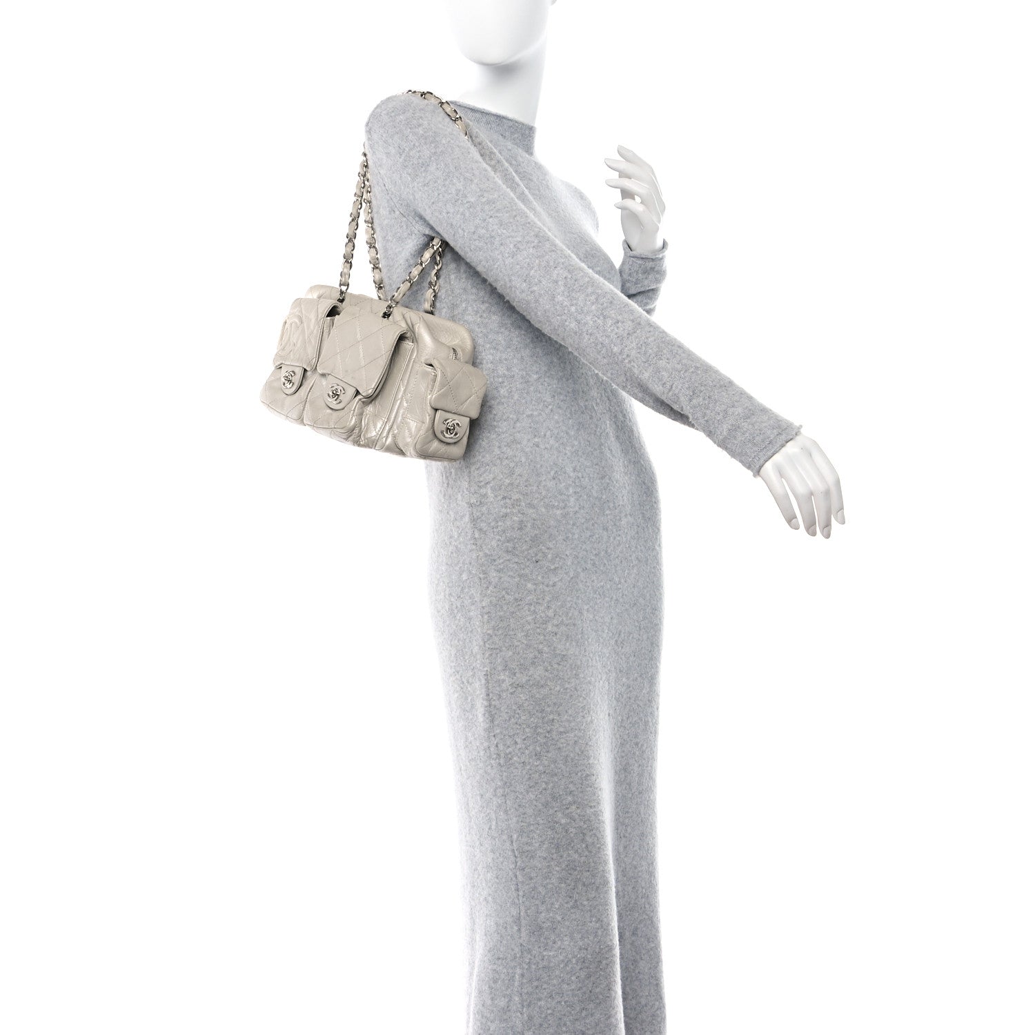 Chanel Metallic Aged Calfskin Quilted Small Cambon Reporter Argent Clair 2 of 12