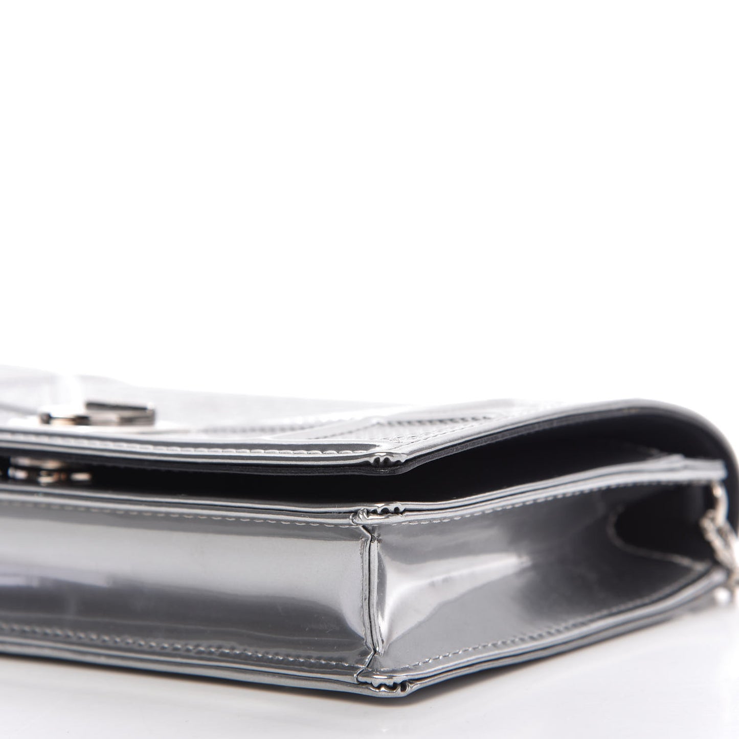 Metallic Patent Micro-Cannage Diorama Wallet on Chain Pouch Silver