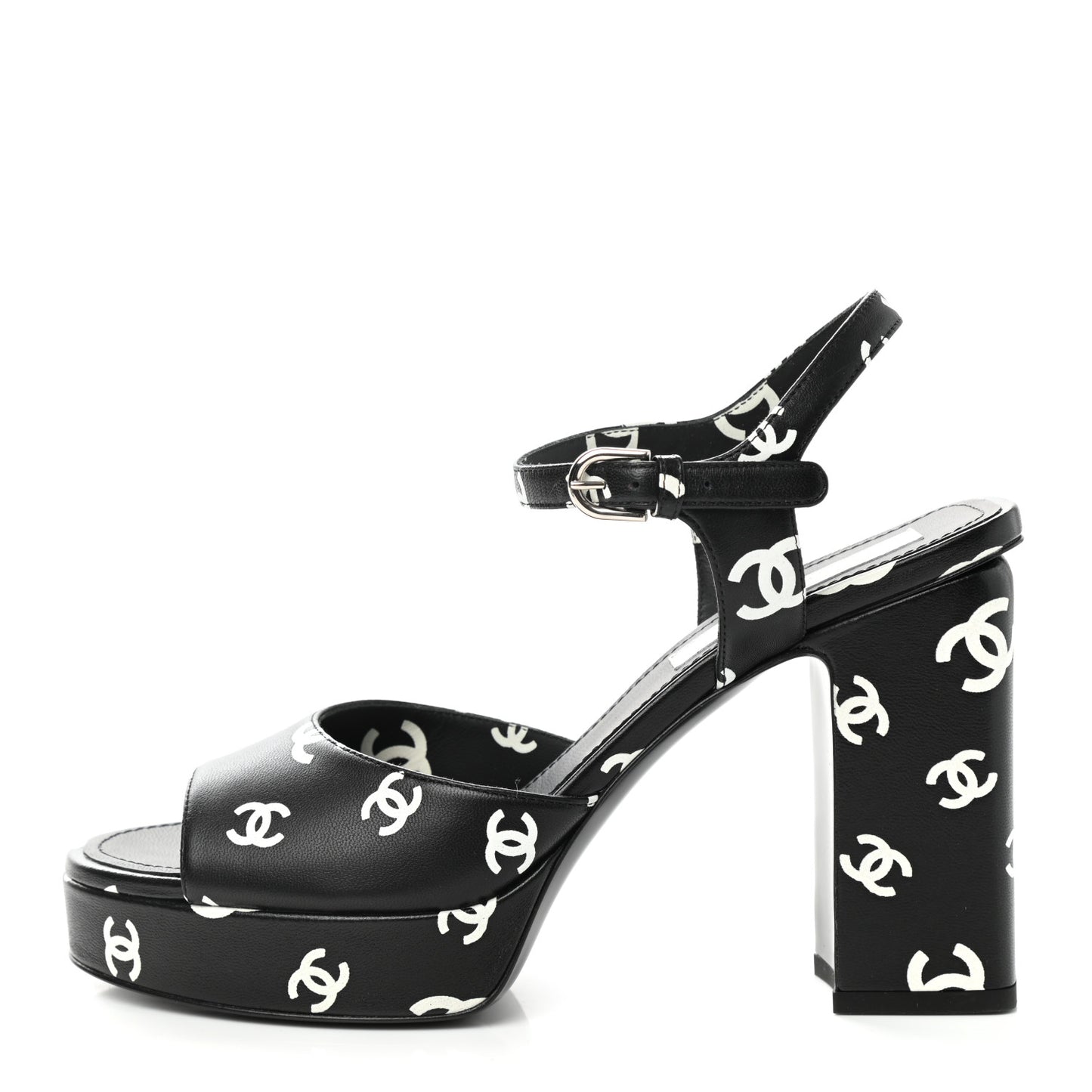 Printed Lambskin CC Platform Sandals 39 Black White
