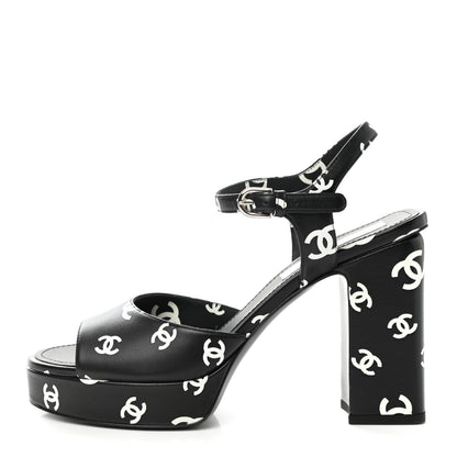 Chanel Printed Lambskin CC Platform Sandals 39 Black White 2 of 9