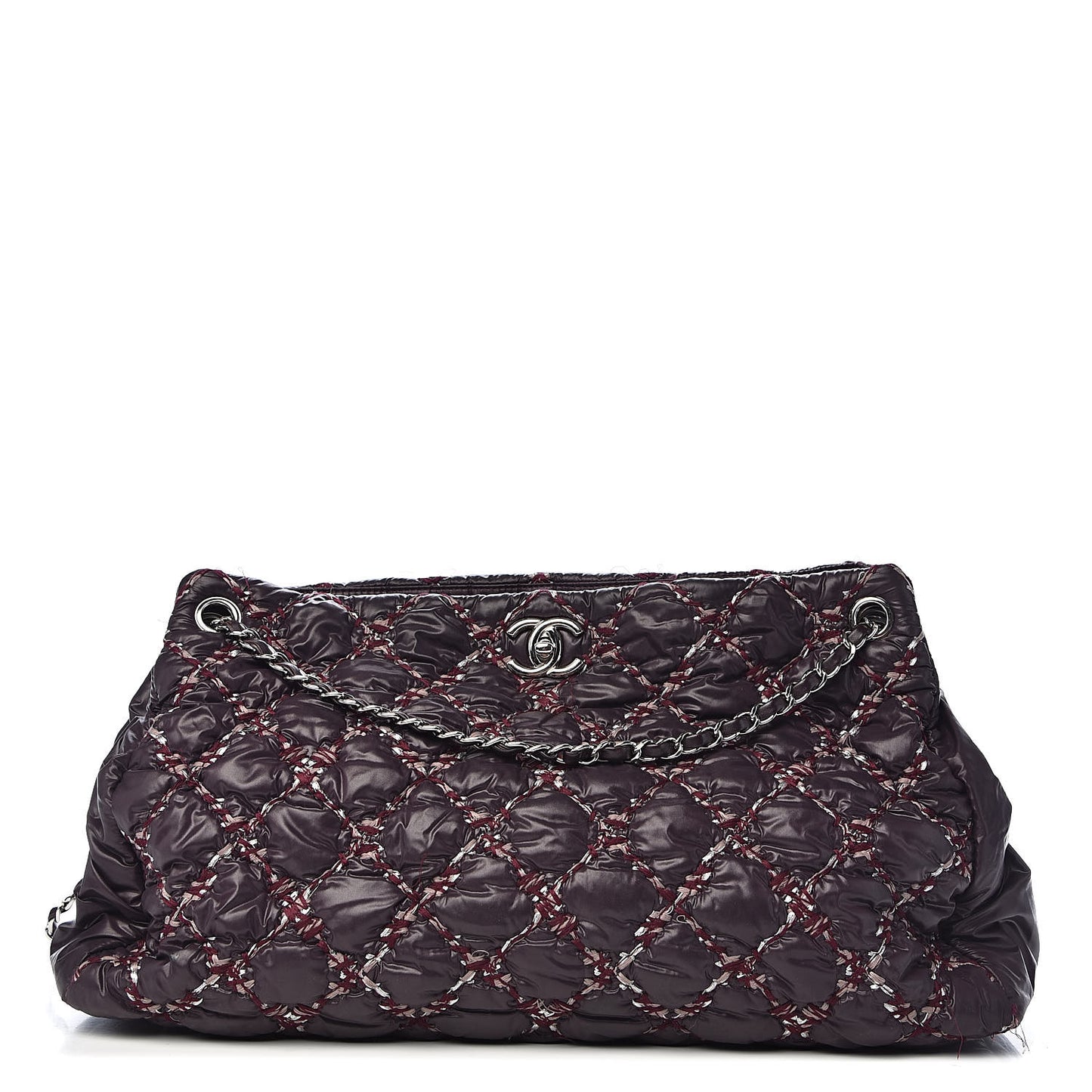 Nylon Quilted Tweed Stitch Bubble Tote Plum