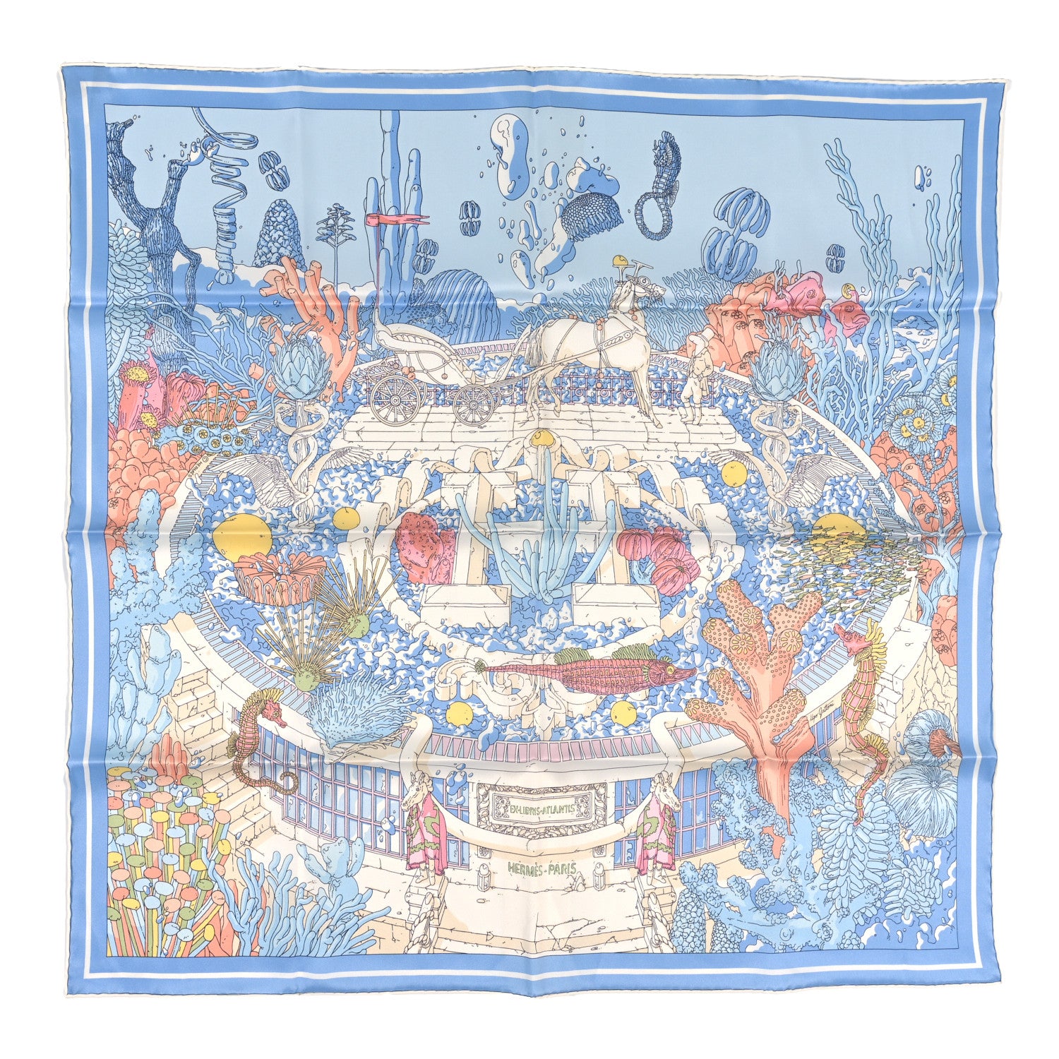 Hermes Vintage Silk Ex Libris Atlantis Scarf 70 Bleu Ciel Rose Jaune 1 of 3