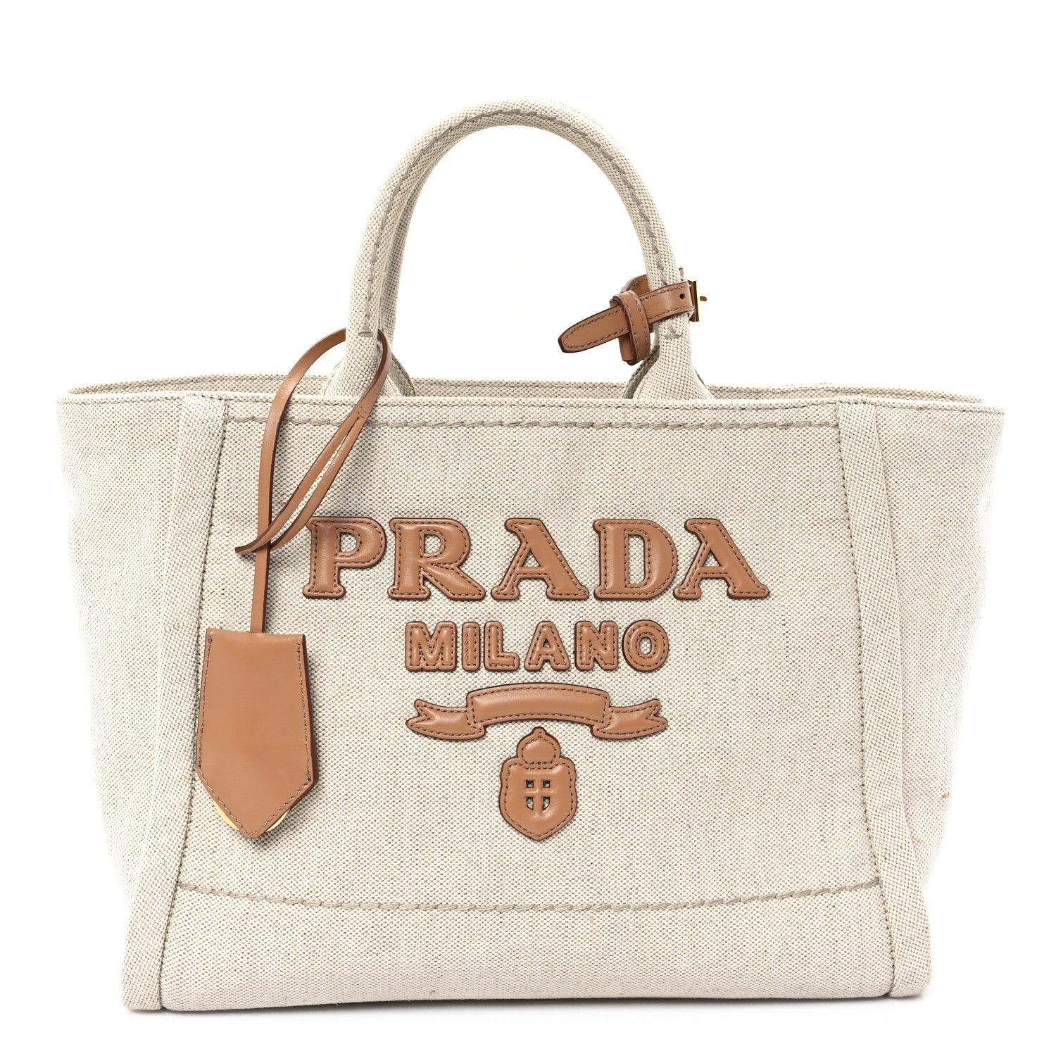 Prada Linen Blend Vitello Logo Tote Natural 1 of 10