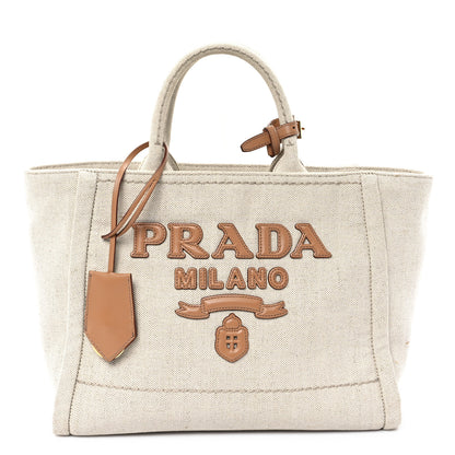 Prada Linen Blend Vitello Logo Tote Natural 1 of 10