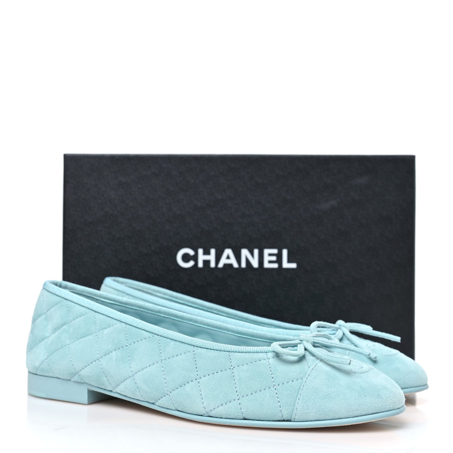 Suede Calfskin Quilted Cap Toe CC Ballerina Flats 38.5 Light Blue